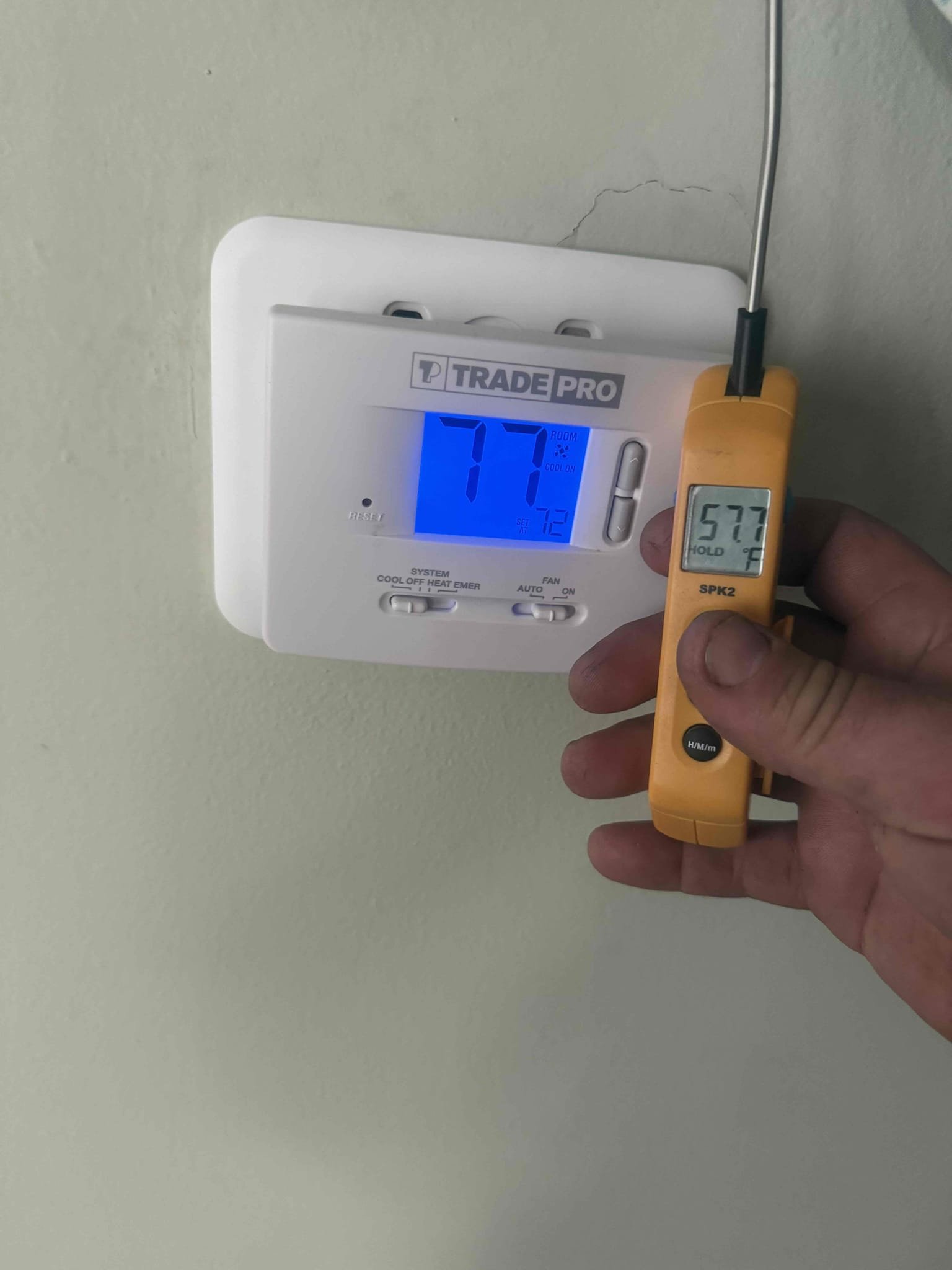 On arrival found downstairs unit heating set to 90 and reading 80. Client states unit has trouble keeping up for both upstairs and downstairs. Checked pressures in heating and cooling modes. Pressures good. Temp split good. Recommend to replace both thermostats and not operate unit in auto mode. Client gave approval for coil cleaning and replace both thermostat. Both units heating and cooling at this time. 