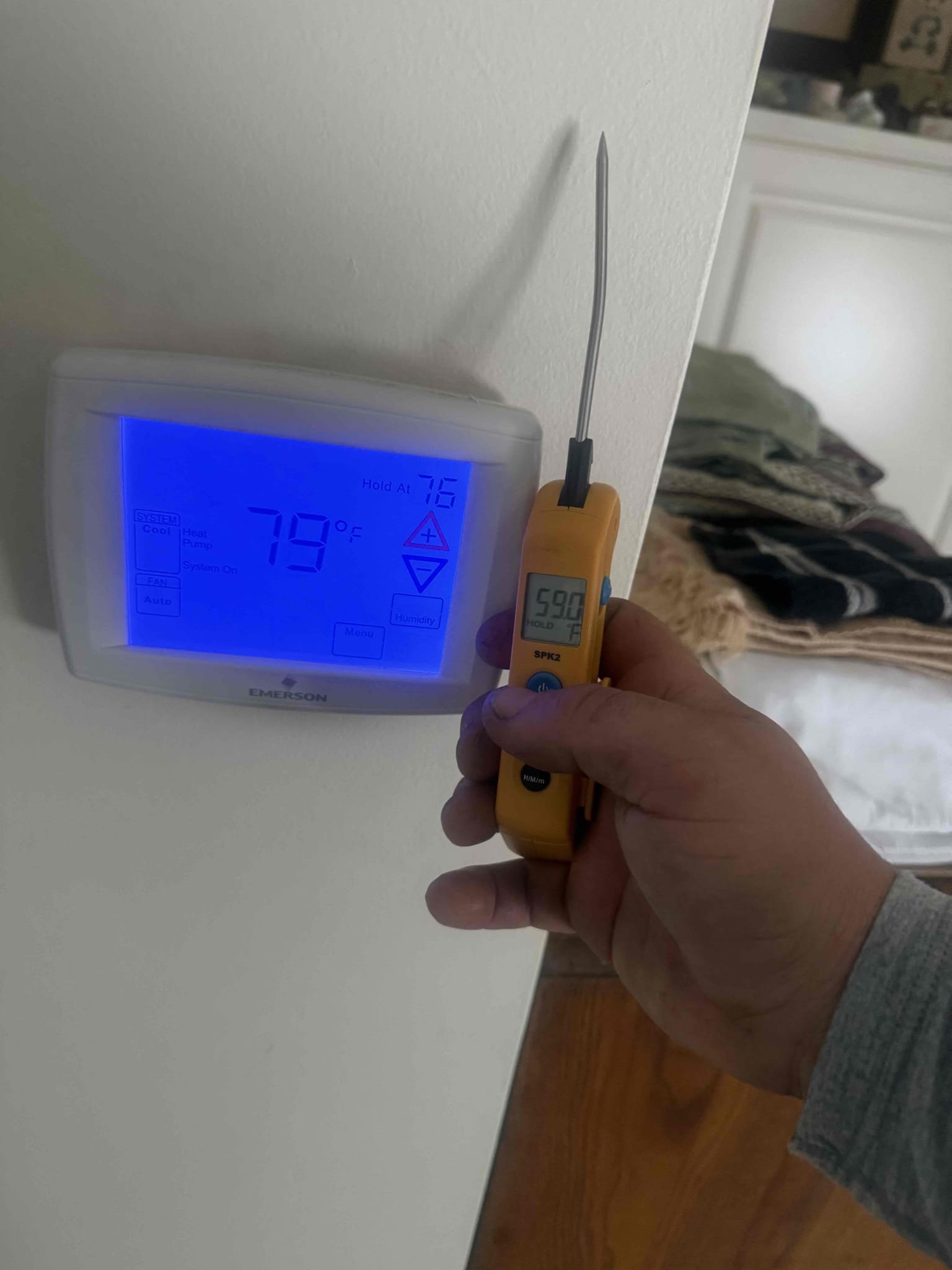 On arrival found downstairs unit heating set to 90 and reading 80. Client states unit has trouble keeping up for both upstairs and downstairs. Checked pressures in heating and cooling modes. Pressures good. Temp split good. Recommend to replace both thermostats and not operate unit in auto mode. Client gave approval for coil cleaning and replace both thermostat. Both units heating and cooling at this time. 