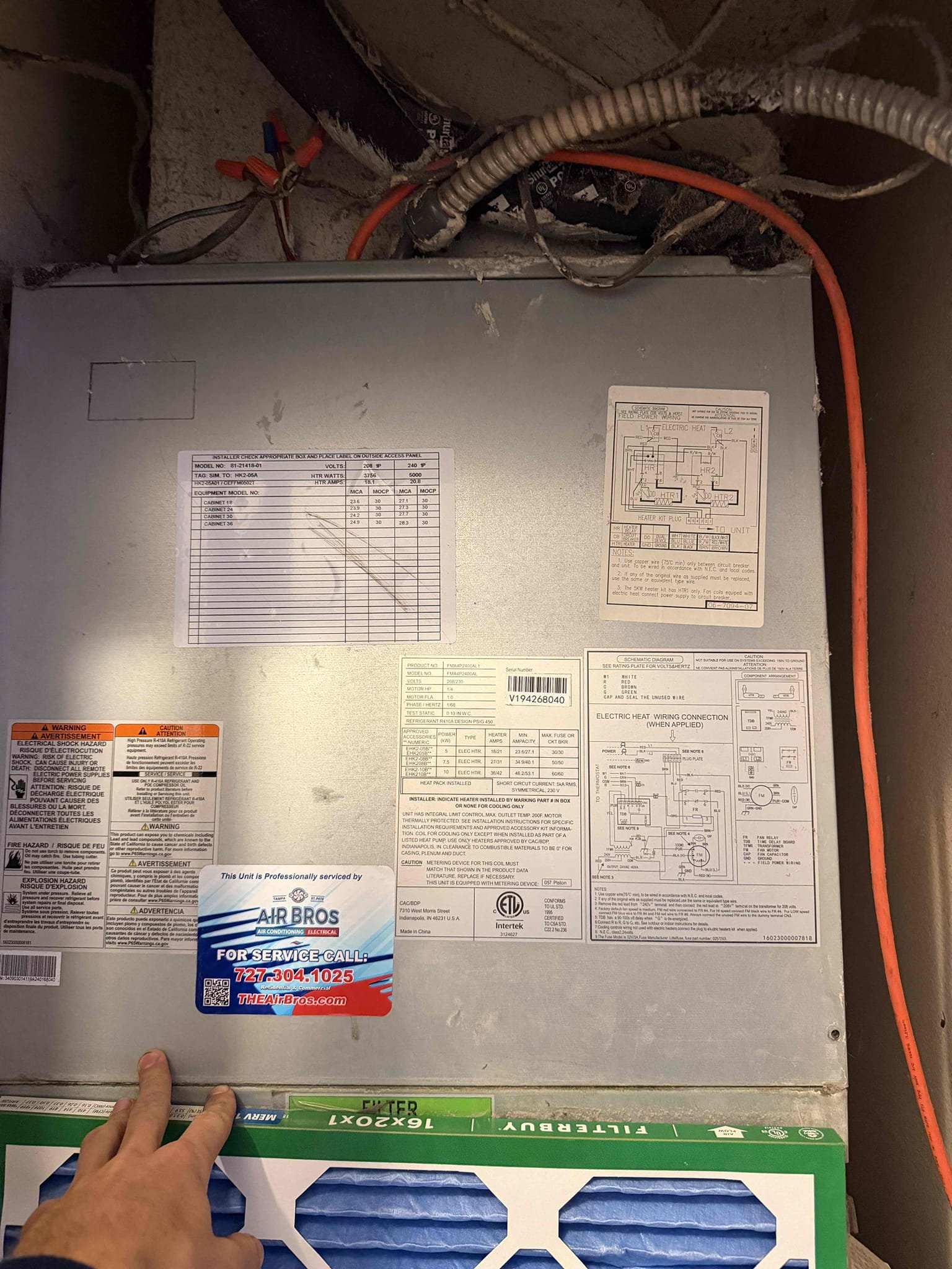 Upon inspection, found breaker to air handler tripped. Electric panel is out of code and should be replaced. Scheduled for Our electrician to come out for a quote. 

Heating kit pulls good amps, breaker is the right size, all wires are tightened. Breaker must be weak. 