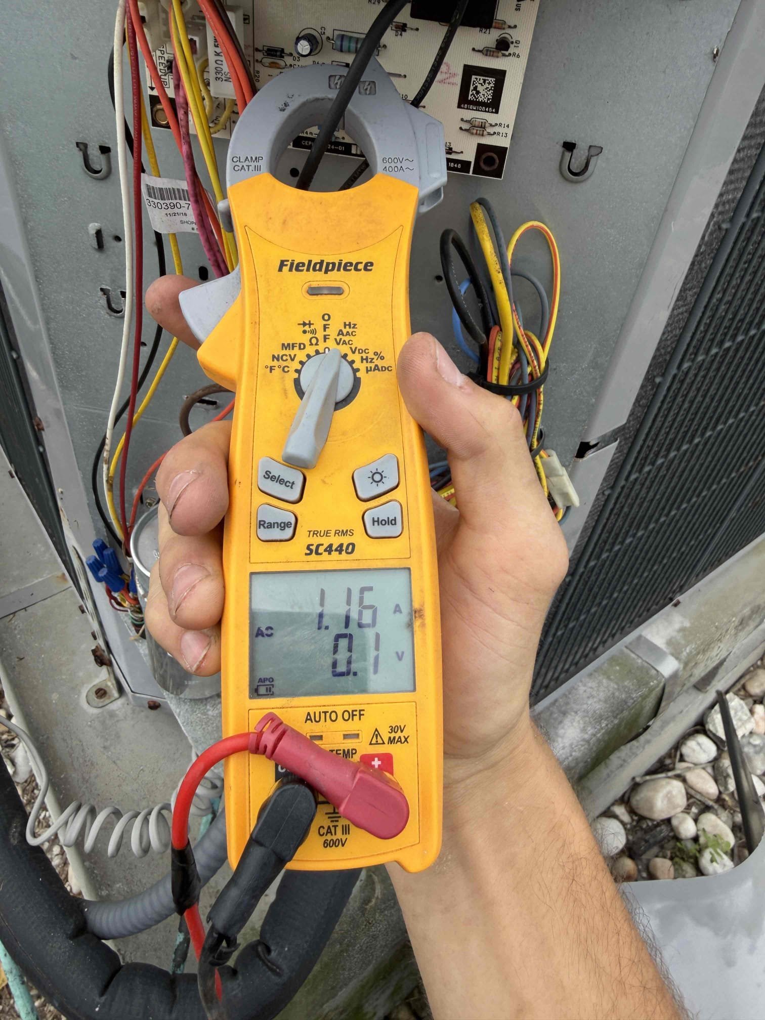 Performed Maitenence on system. 
Condenser went under water during the storm about half way. Capacitor is completely dead, system is running off of a hard start kit. Contactar is rusted and corroded. Amp draw on compressor is high. 
Fan motor amps are good. 

Replaced capacitor, contactar, and new wire connections. Removed hard start kit. 

Found system low on refrigerant by 1lb. 
Subcool was 8 with a target of 13°. 

Added refrigerant to achieve a 13° subcool. 

Cleaned and treated drain line and primary drain pan. 
Cleaned condenser coils. 

Advised client that nothing is under warranty or guaranteed due to system being impacted by salt water. 

System is between 17-20 temp split. 