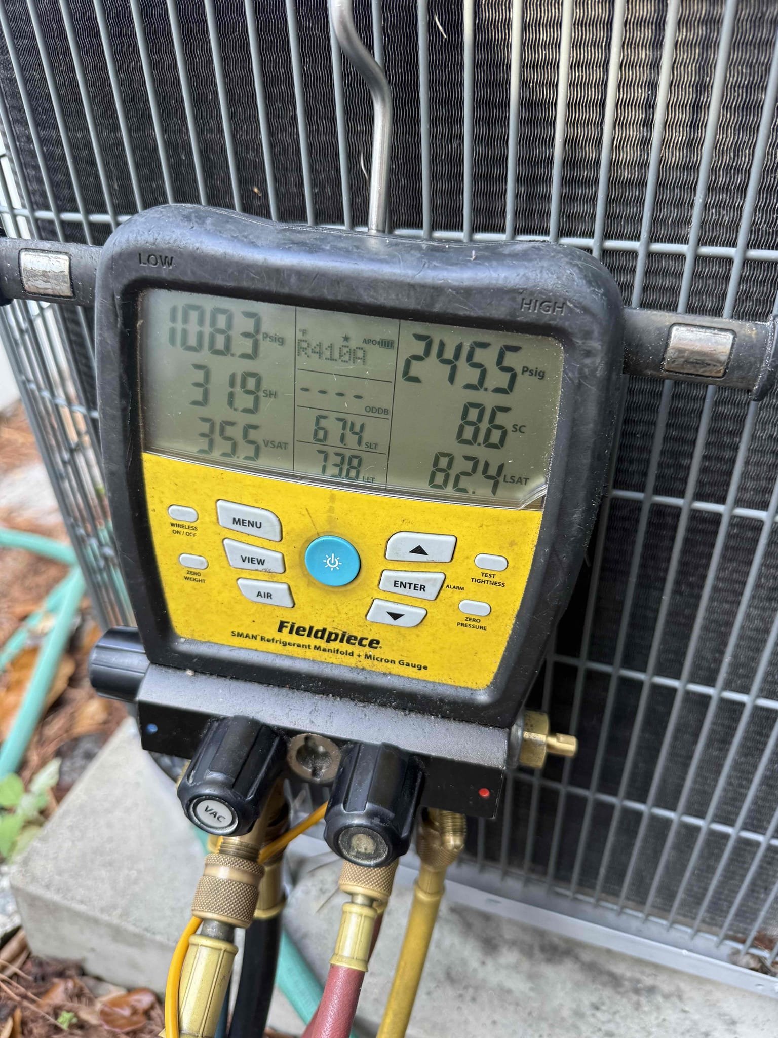On arrival found unit not cooling due to blower not engaging. Found thermostat not configured properly to turn blower on. Programmed thermostat and connected C wire for proper power to nest. Found pressures and temp split below factory specs. Inspected condenser and found weak capacitor and worn contactor. Made recommendations to client and they declined at this time. Unit is cooling with a 16* split. Client will call in 3 months to perform maintenance.
