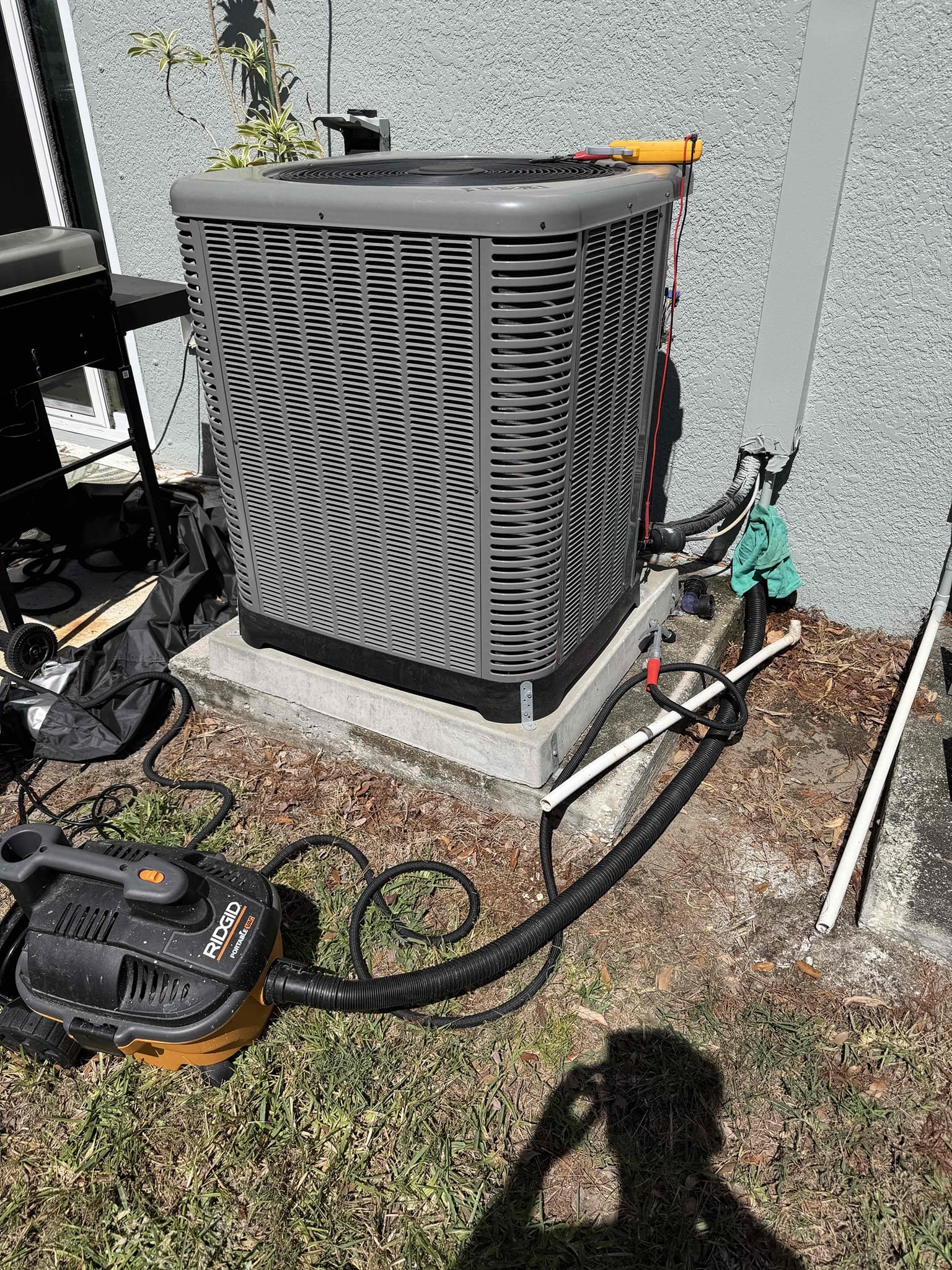 Performed Maitenence on system. Cleaned/treated drain line and primary drain pan. Cleaned condenser coils. Evaporator coils are clean. Verified safety float switch functionality. Checked amp draw on compressor. Checked amp draw on fan motor. Checked capacitor is not within factory range. Replaced capacitor under parts warranty. Inspected Contactar. Made sure all connections are tight. System is cooling with an 18° temperature split at this time.