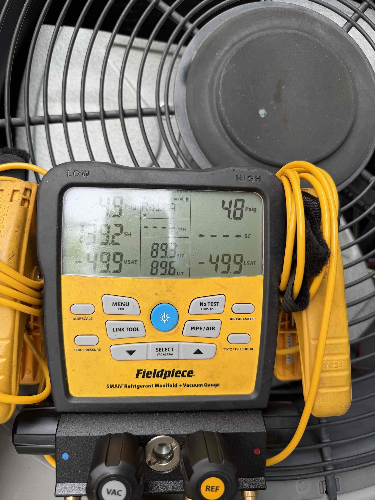 Upon my inspection, found system completely flat on refrigerant. Client would not like to move forward with any clean searches, refrigerant, repairs, or system replacement. System is 10 years old. 