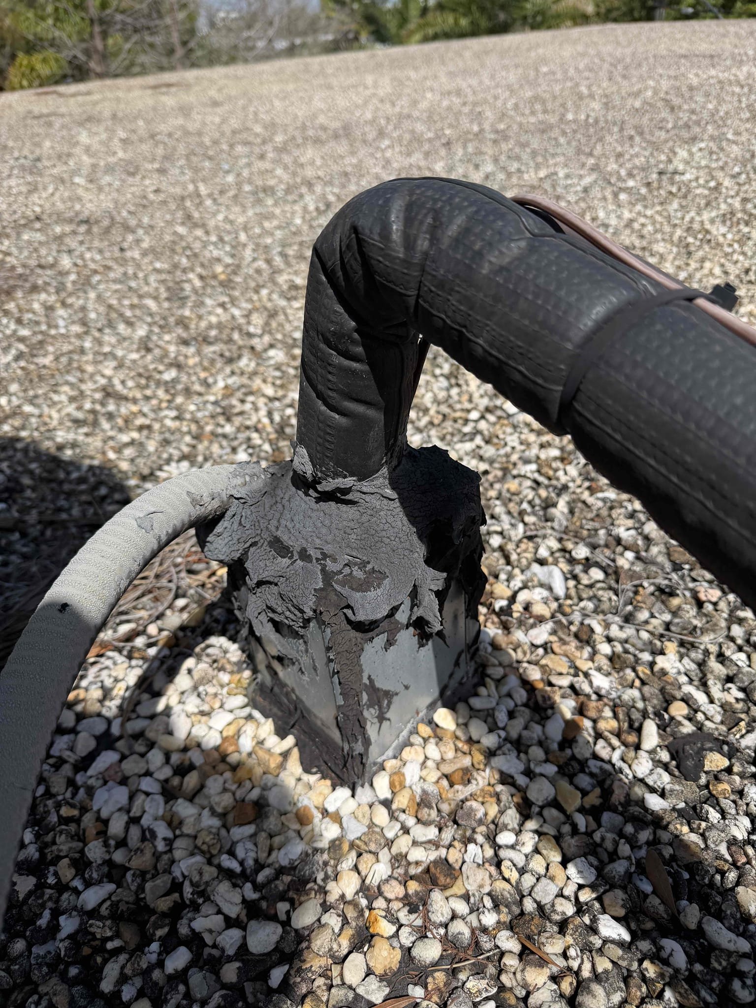 Client states there is water leaking from the ceiling after it rained really hard. Found water is intruding the roof from the lineset opening on the roof at the condenser when it rains. 
A roofer is required to make a repair to the hole in the roof. 
System is cooling properly at this time. 
$195 service and diagnostic fee. 