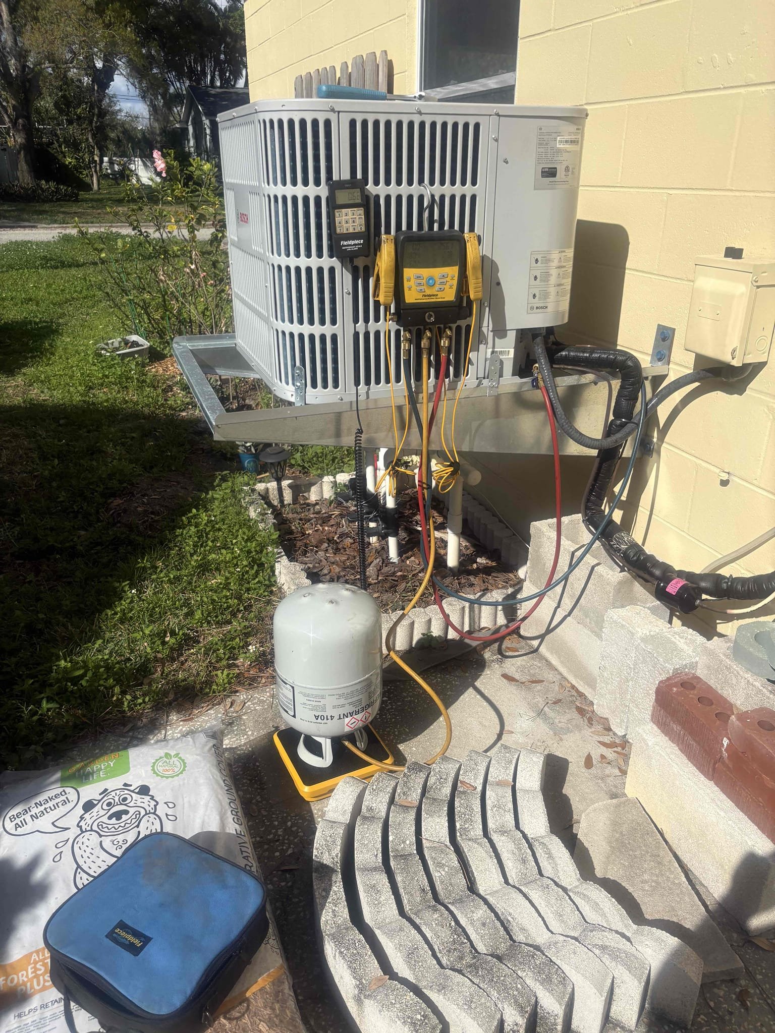 Upon arrival found unit not cooling due to being low on refrigerant. Found outdoor cores had failed. Replaced cores. Charged system back to factory specifications. No charge for leak search as it was evident. System is currently operating within manufacture specifications. 

82° indoor temp 

Filter just changed 