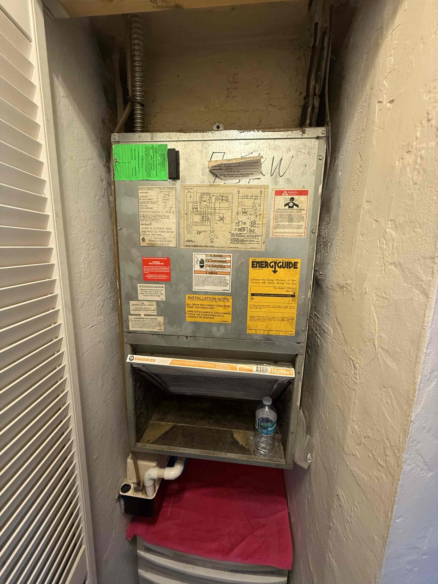 On arrival found blower running non stop due to burnt blower board also causing heater kit to run. Bypassed heater kit and board to prevent electrical issues and burning wires on board. Found unit in very poor condition. Condenser is 28 years old. Both coils are extremely impacted and corroded. Air handler has large amounts of growth. Due to age and condition we recommend to replace system. Will submit estimate for unit replacement and if parts are available will provide estimate to repair. Unit is cooling but blower will run continuously. 