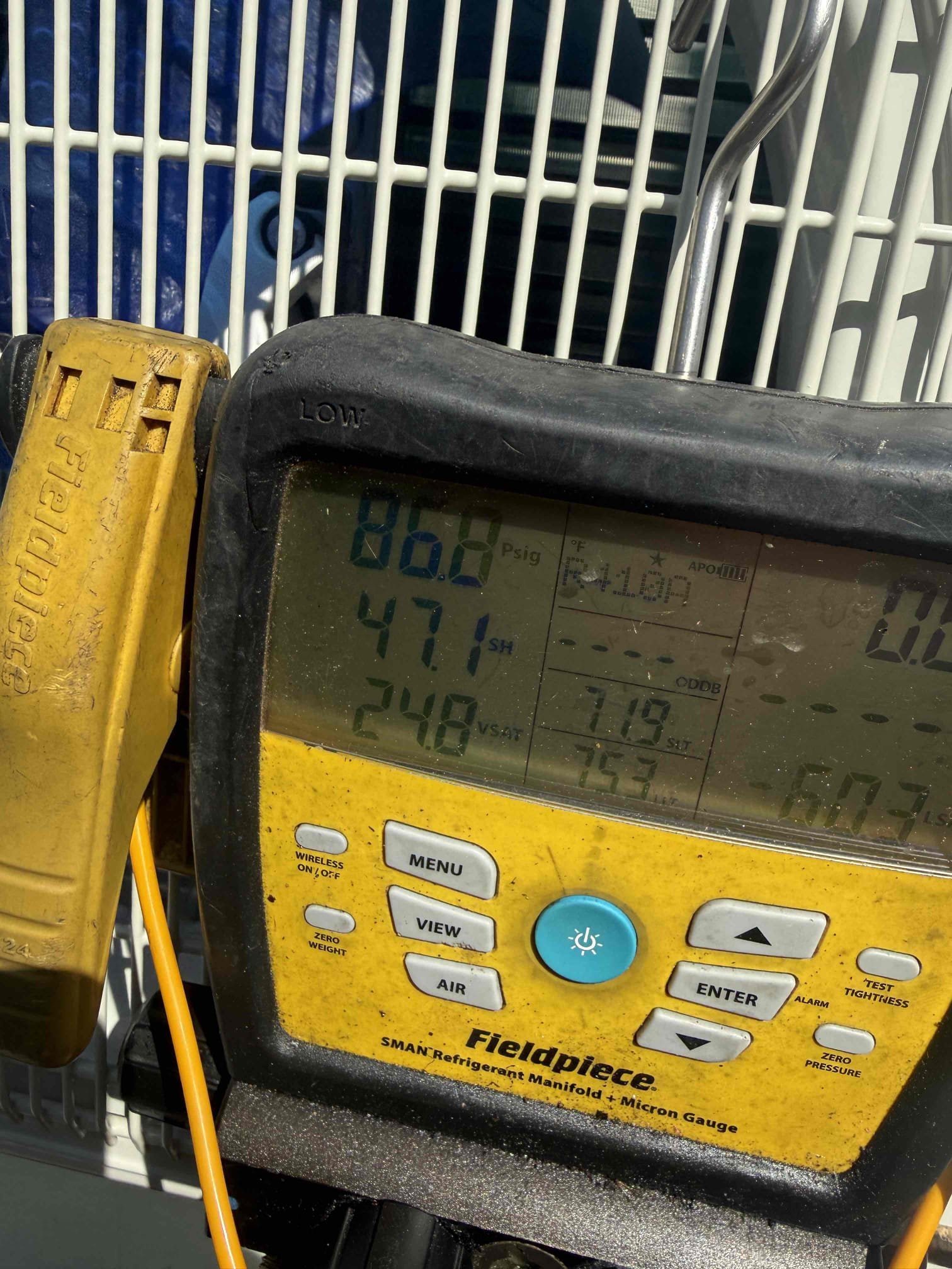 Found mini split low on refrigerant. Brand new unit less than month old. Possible low charge due to length of lineset. Told client to monitor. If problem persists then leak search will need to be performed. Unit cooling and heating properly at this time. 