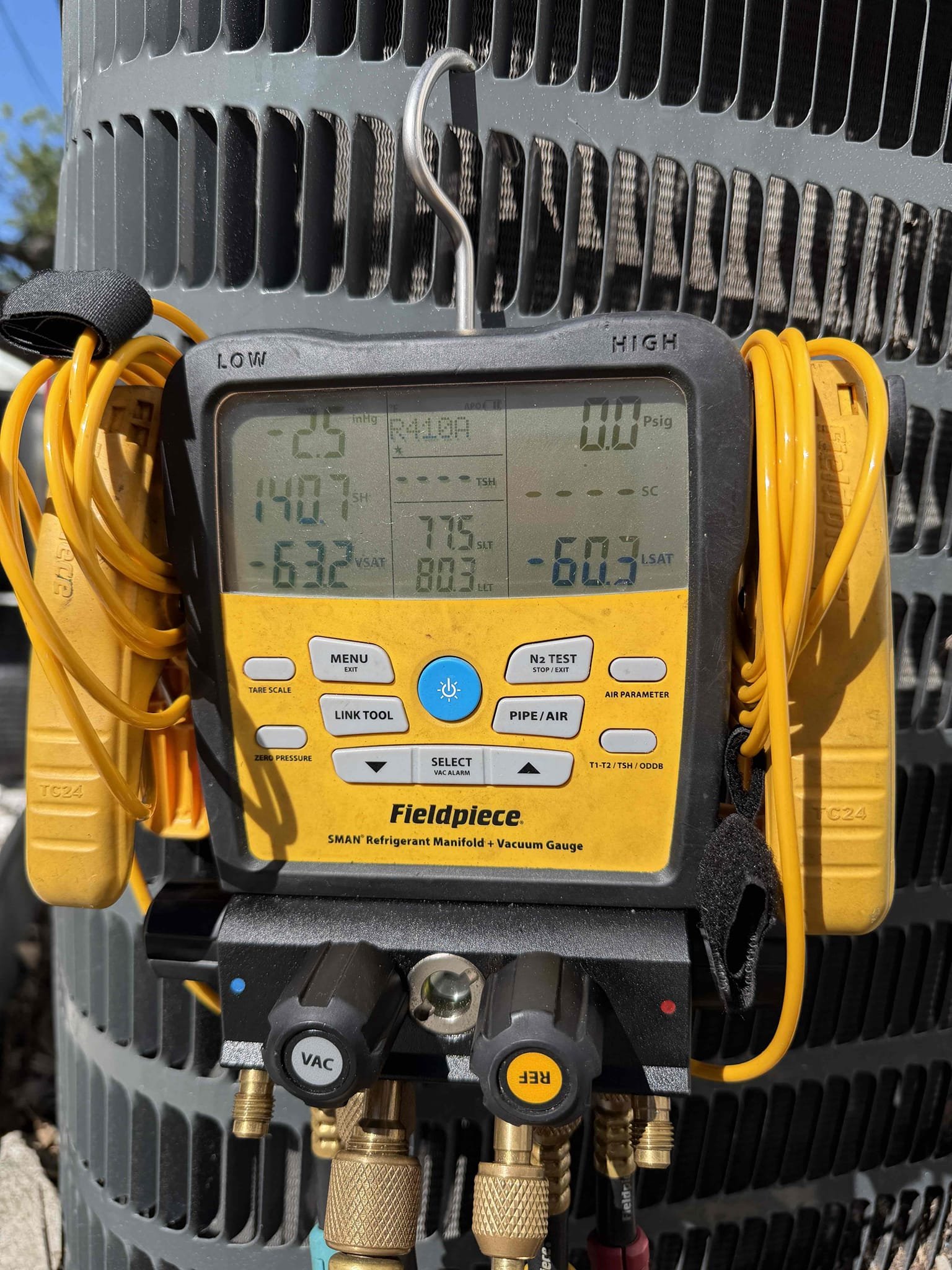 Performed leak search and found refrigerant leak in coil. Applied leak search fee to repair. 
Will return Friday to install new evaporator coil and refrigerant. 