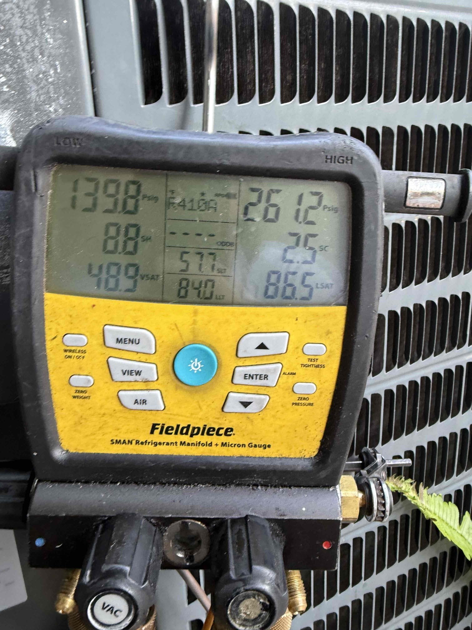 Replace compressor, dryer and 13lbs R410A. Start and test. Unit cooling at this time. 