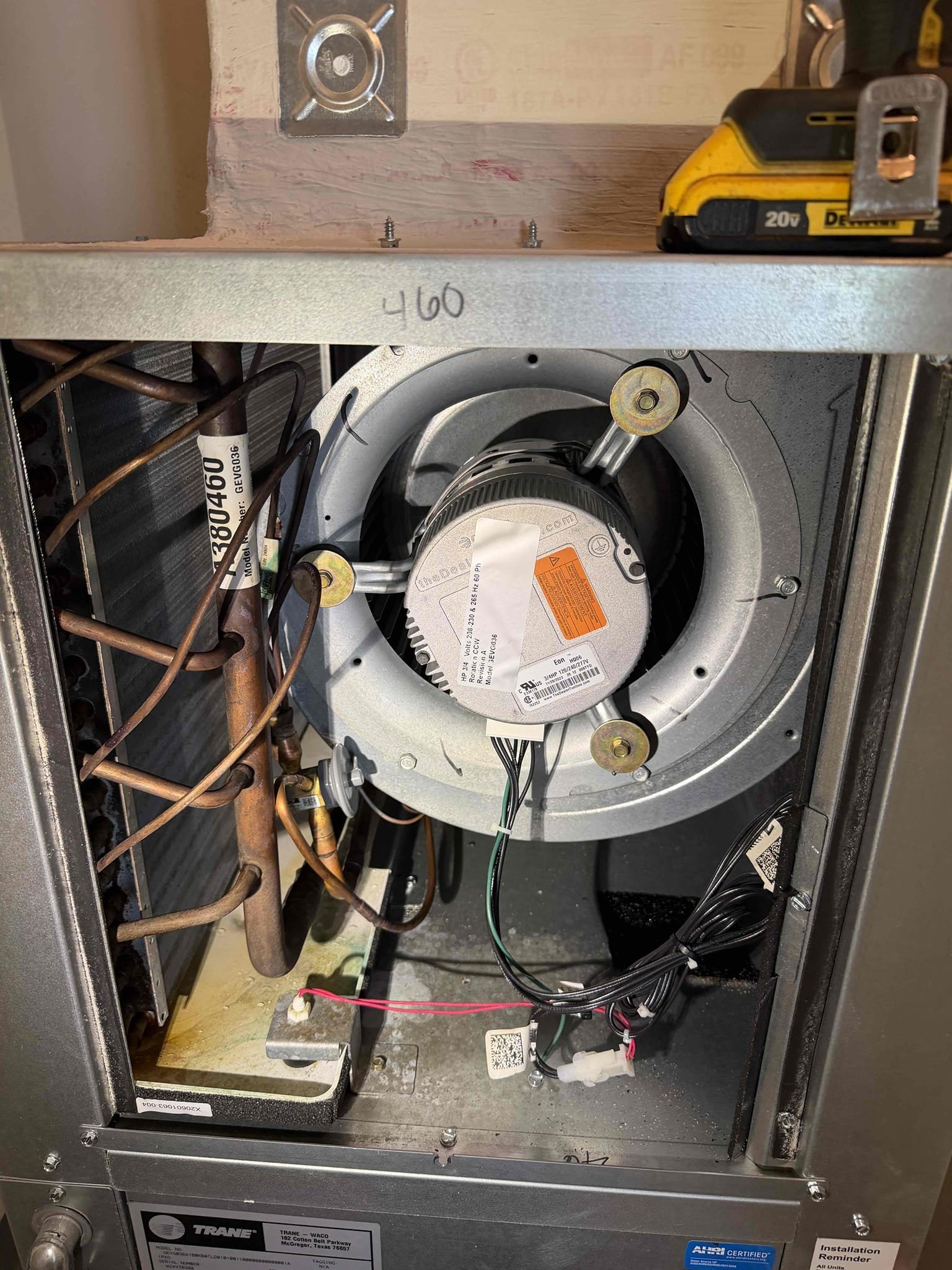 Performed Maitenence on system. Cleaned/treated drain line and primary drain pan. Cleaned condenser coils. Evaporator coils are clean. Verified safety float switch functionality. Checked amp draw on compressor. Checked amp draw on fan motor. Checked capacitor is within factory range. Inspected Contactar. Made sure all connections are tight. System is cooling with a 20° temperature split at this time.