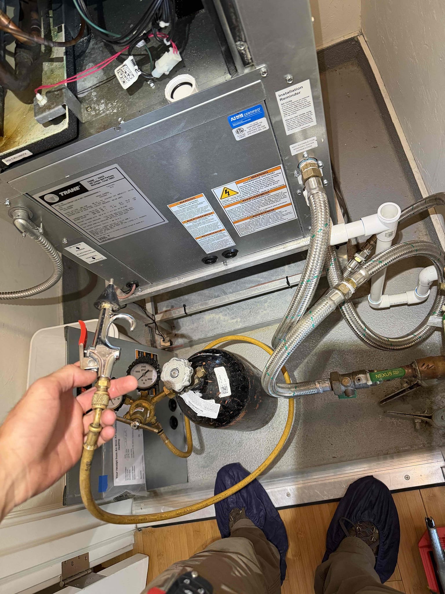 Performed Maitenence on system. Cleaned/treated drain line and primary drain pan. Cleaned condenser coils. Evaporator coils are clean. Verified safety float switch functionality. Checked amp draw on compressor. Checked amp draw on fan motor. Checked capacitor is within factory range. Inspected Contactar. Made sure all connections are tight. System is cooling with a 20° temperature split at this time.