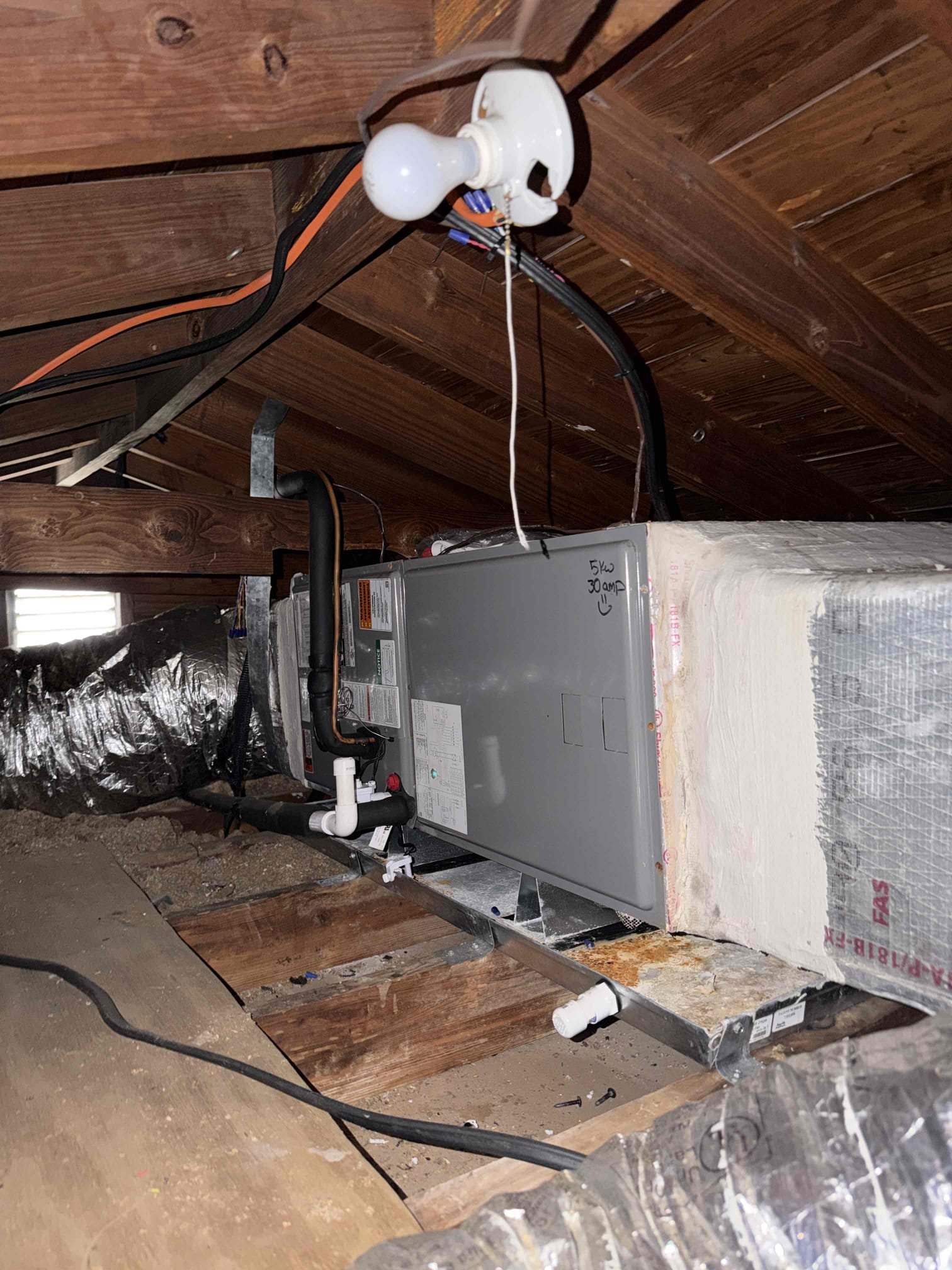 Performed Maitenence on system. Cleaned/treated drain line and primary drain pan. Cleaned condenser coils. Evaporator coils are clean. Verified safety float switch functionality. Checked amp draw on compressor. Checked amp draw on fan motor. Checked capacitor is within factory range. Inspected Contactar. Made sure all connections are tight. System is cooling with a 20° temperature split at this time.

UV light is still working at this time. 
Duct work is not strapped up or sealed properly. Client is not interested in investing at this time due to home renovations. Will revisit this issue next winter. 