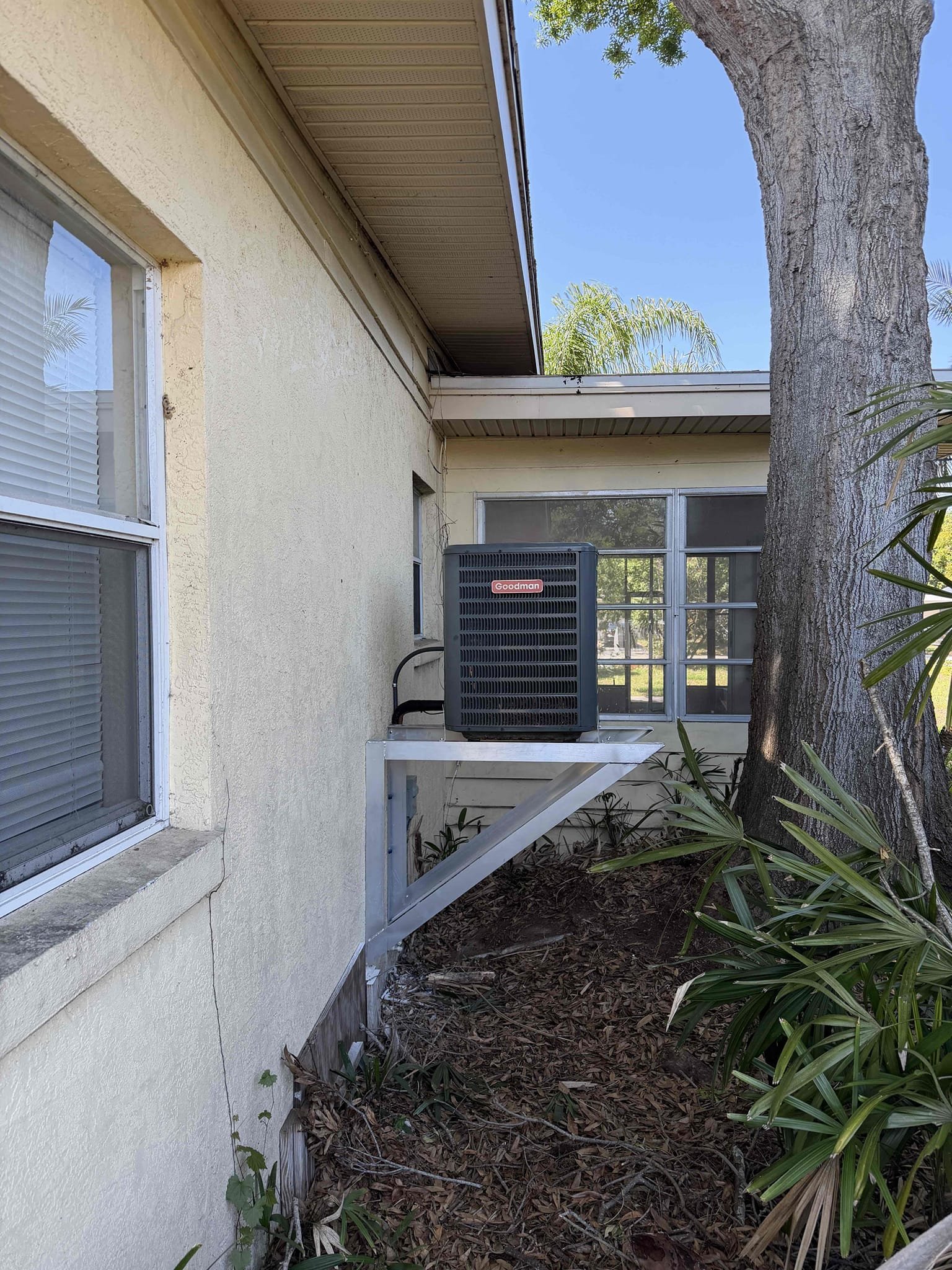 Scope of work:
- Disconnect condenser unit
- Raise condenser on wall mount brackets
- Extend low voltage to condenser
- Extend high voltage electrical to condenser from disconnect
- Extend copper lineset
- Install new UV rated insulation
- Hurricane strap unit to wall mount brackets
*No guarantee of system working due to system age being 16 years old*

After completion, home still does not have power. Told Leah to give us a call if there’s any issues in the future once power is restored. 