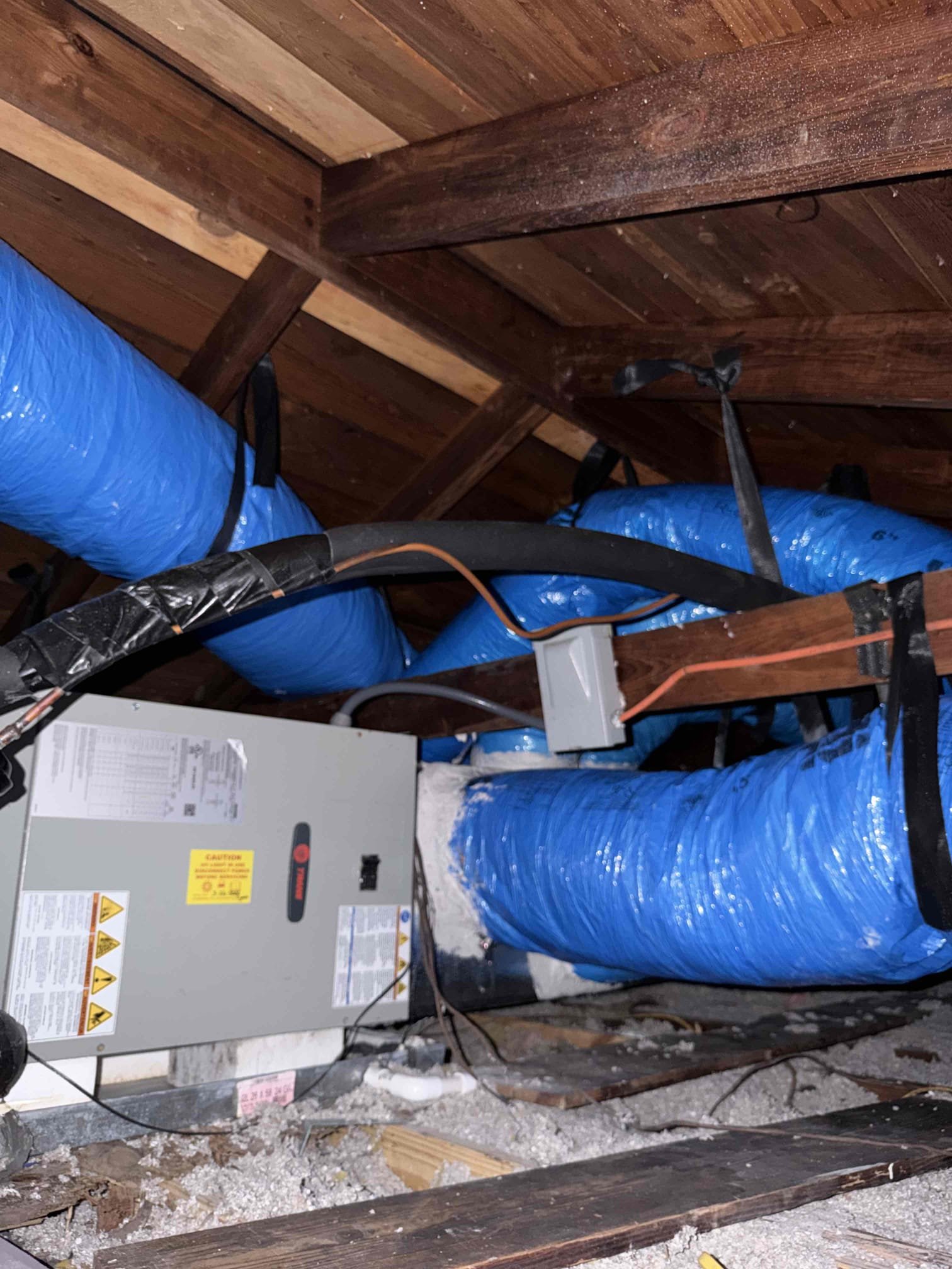 Remove and replace 6 supply ducts and 1 return duct including grills, boots, collars, and plenums. Install new r-8 anti-microbial flex for home. Add 2 manual dampers to office and back bedroom to help balance air flow. Connect to 2 existing supply ducts that are not accessible from attic. Seal and strap all ducts to code. Tax and labor included. Add uv light to air handler. 
 