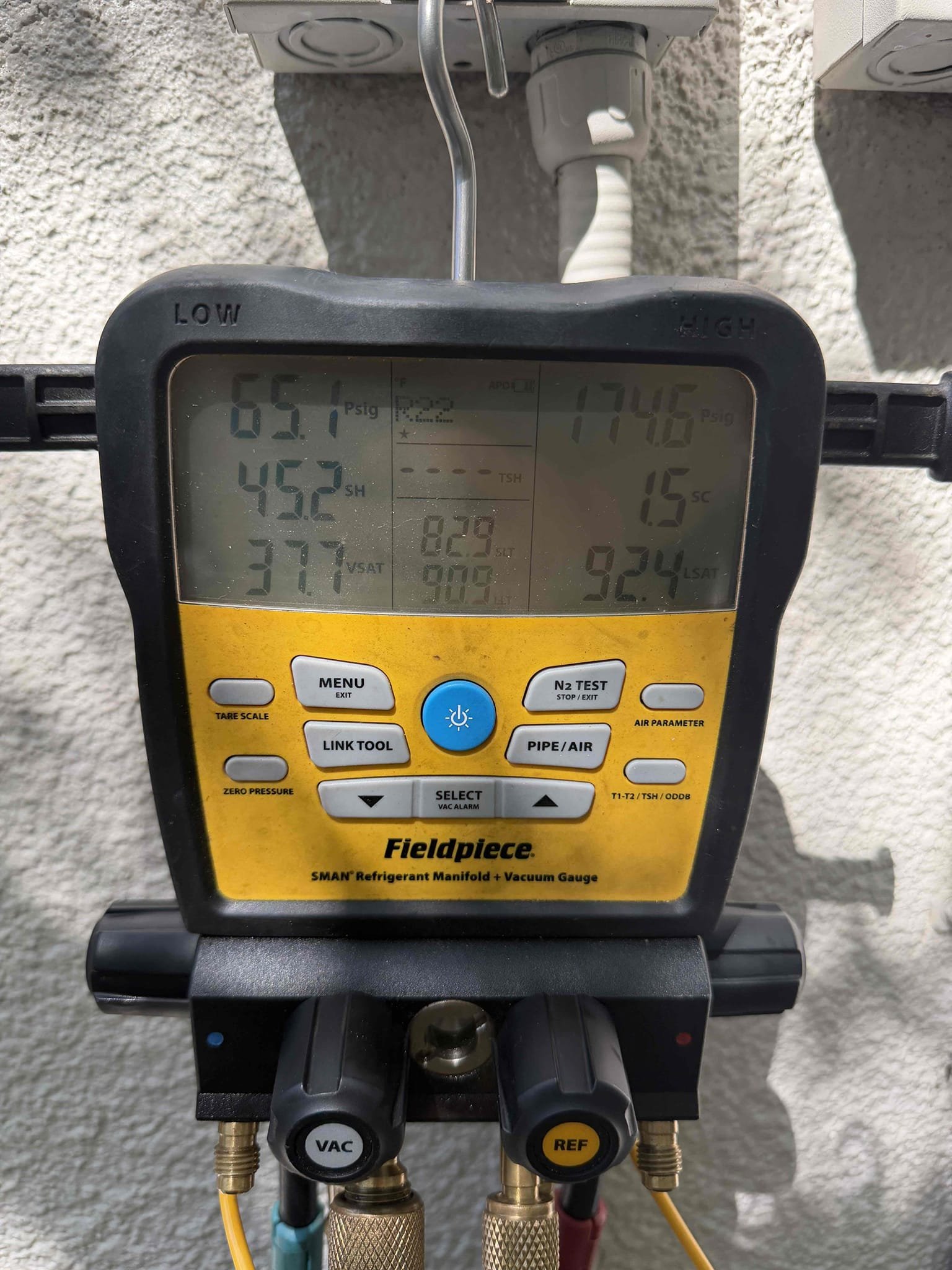 System not cooling. Found compressor not coming on. Bad capacitor and bad wire connection. Replaced both. System is cooling with a 16° temperature split at this time. Pressures indicate low on R22 Freon. 