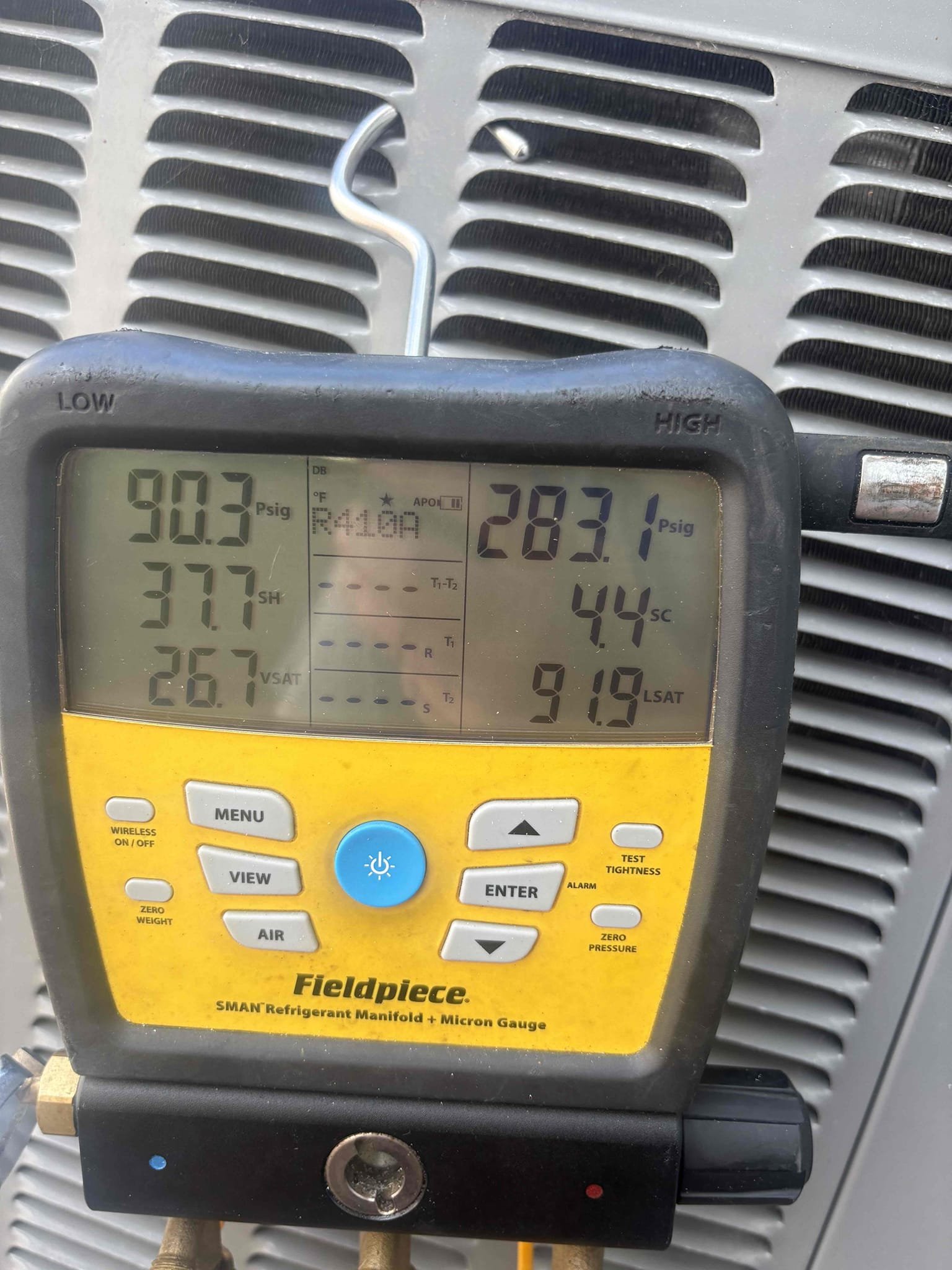 System not cooling due to low on refrigerant, indicating leak in system. Also found outdoor capacitor reading weak. Went over repair options and potential future repairs. Replaced outdoor capacitor and performed leak search. Found leak in outdoor coil. Will need to call manufacture for warranty and availability. Added refrigerant for temporary cooling. 