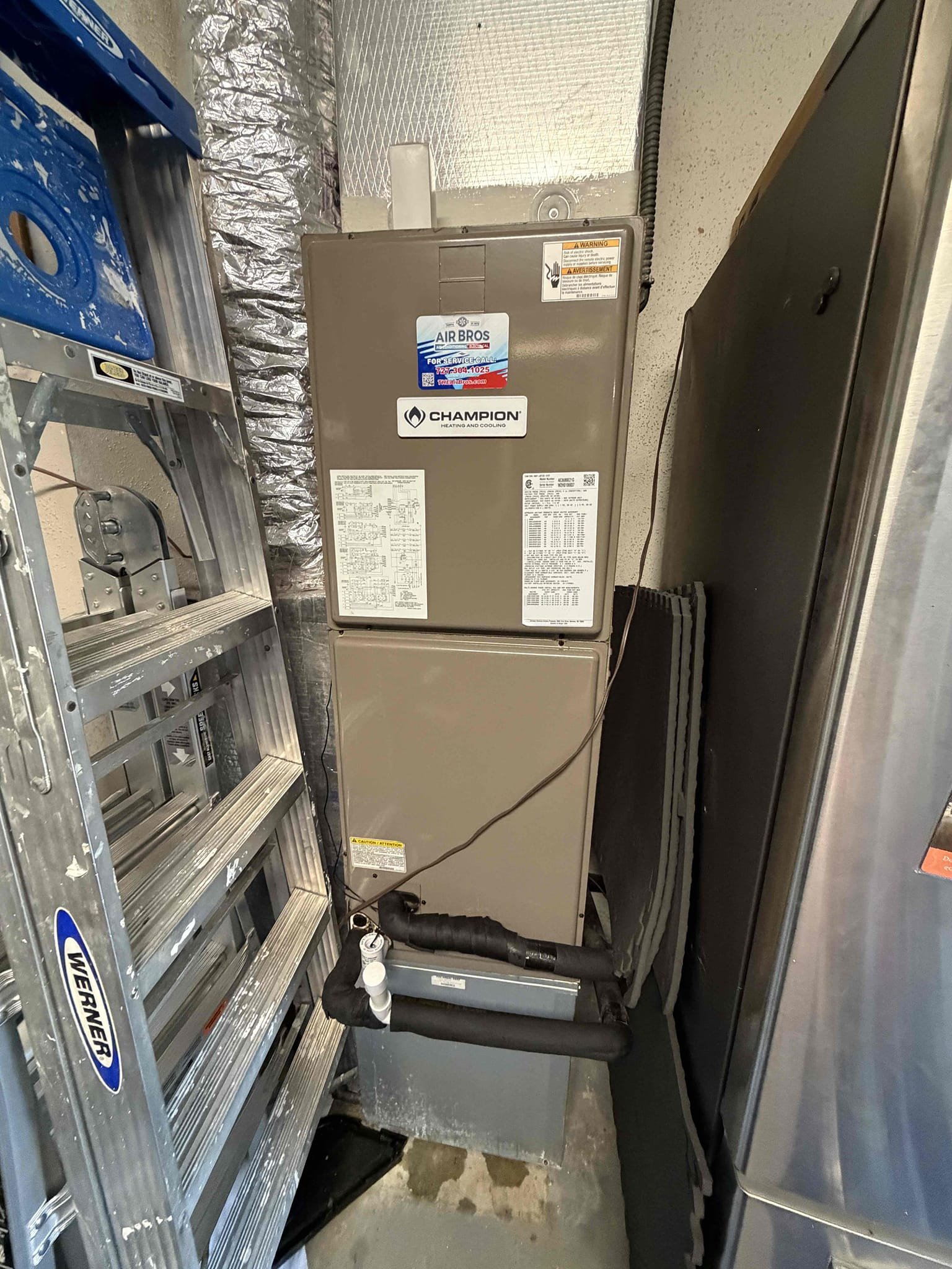 Replace condenser fan motor (1 year part and labor warranty on motor)
Drain line severely clogged and tripping float switch. 
Maitenence plan membership
Performed first Maitenence on system. 
System is cooling with a 20° temp split. 
Condenser coils are severely corroded and falling apart. 