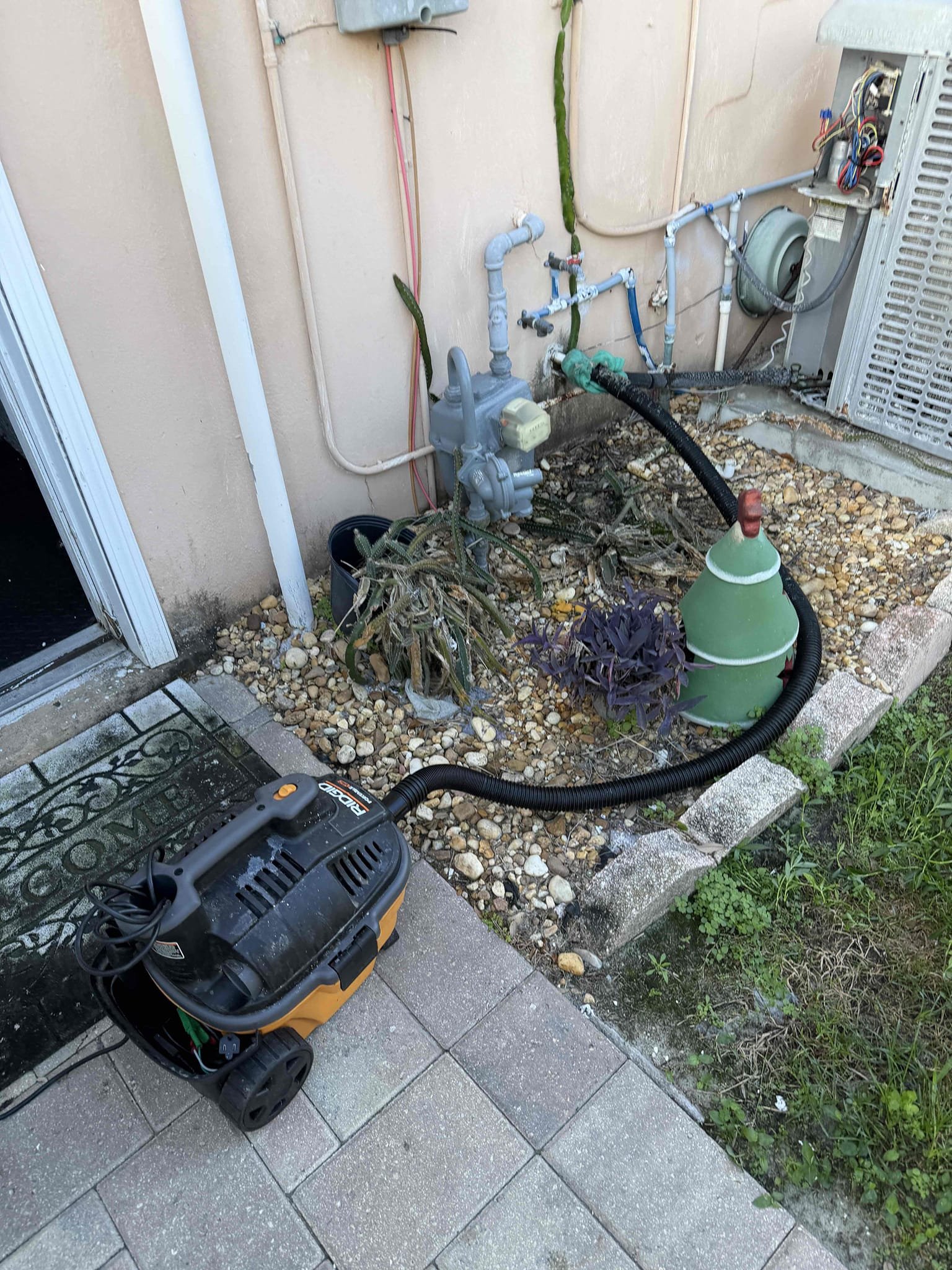 Replace condenser fan motor (1 year part and labor warranty on motor)
Drain line severely clogged and tripping float switch. 
Maitenence plan membership
Performed first Maitenence on system. 
System is cooling with a 20° temp split. 
Condenser coils are severely corroded and falling apart. 
