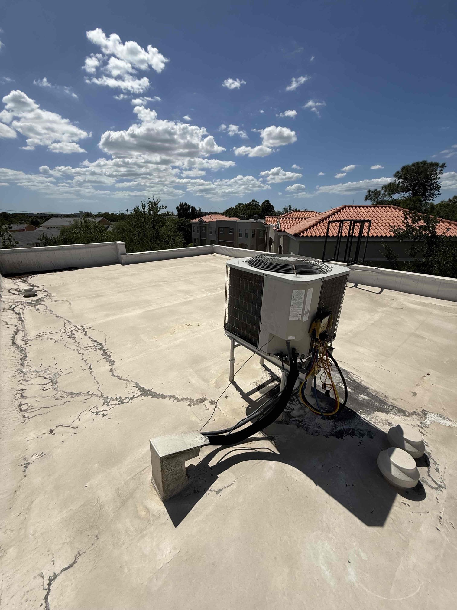 On arrival found evap coil to have ice build up. Found blower motor intermittently shutting off causing unit to freeze. Recommend to replace motor to prevent further issues. Added secondary float to help prevent water damage. Unit cooling. We do not advise client to invest into motor replacement due to age. Made client aware anything can break at any time. Unit is out of warranty and could be costly to keep repairing unit. 