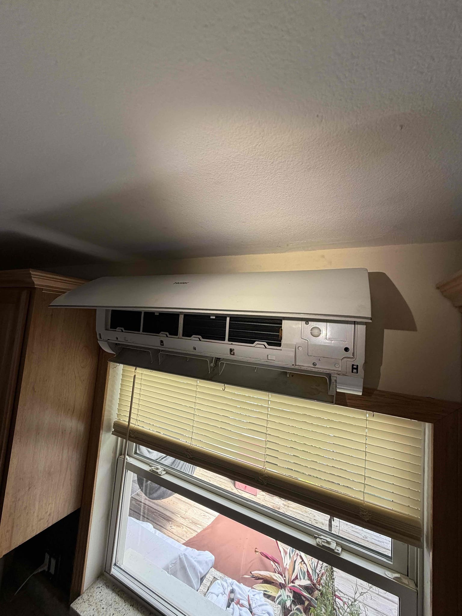 Performed Maitenence on mini split systems. 2 condensers 4 heads. 
Cleaned evaporator coils, cleaned plastic housings, cleaned filters, cleaned condenser coils, verified systems cool, cleaned drain lines and drain pans. 

Found excessive growth build up on blower wheels. Quote sent for two cleanings on master bedroom and kitchen. 

Could not access office mini split head but vacuumed drain. 