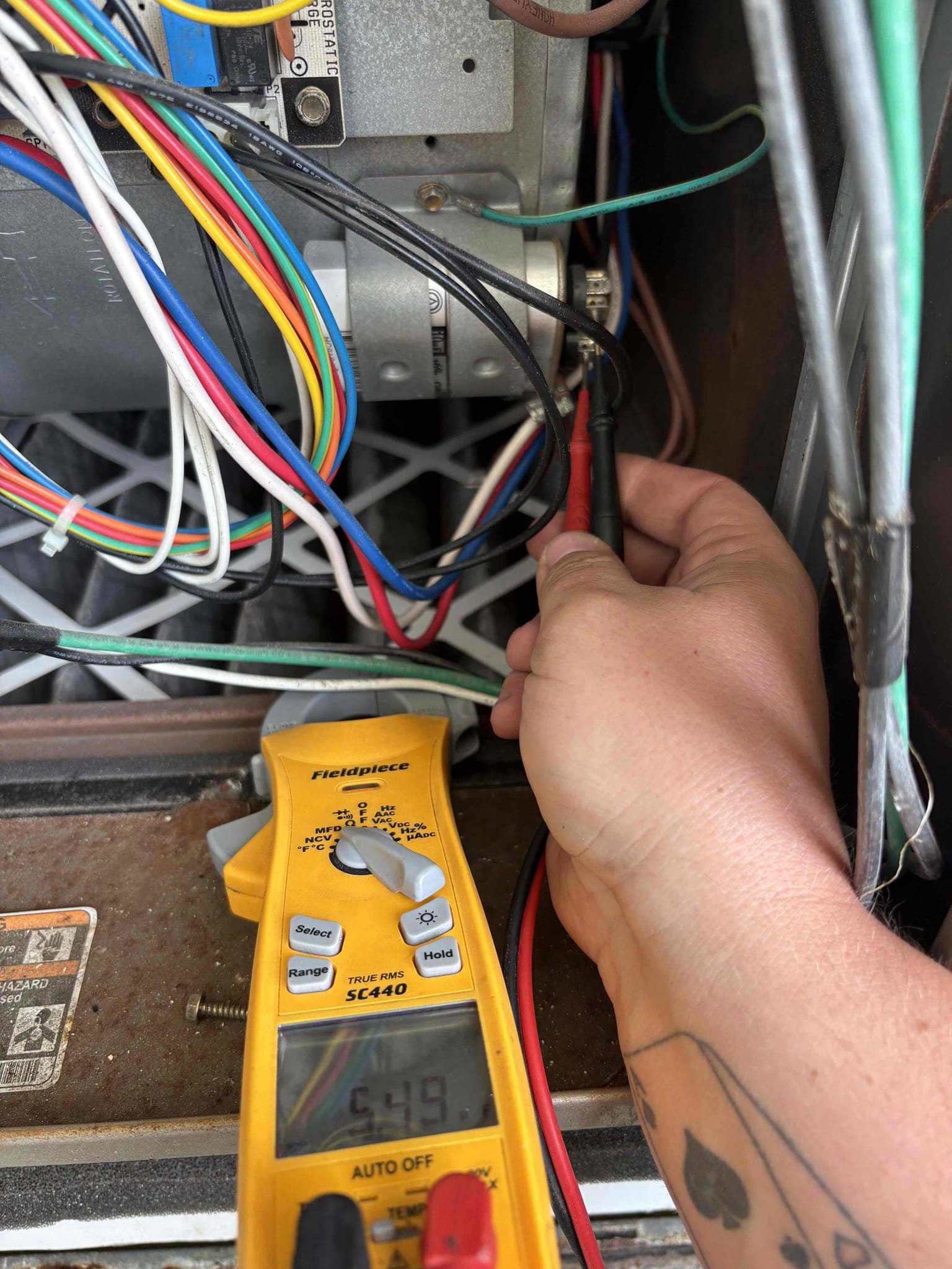 Furnace Notes 
-capacitor rated for 10mfd and reading 5mfd (outside manufacture specifications)

Condenser Notes 
-fan motor not operating (need to cut out ducting to replace)
-compressor internals sounds like they’re failing 
-condenser coils have not been cleaned due to limited service

Unit is currently down. Went over options with son of home owner 

Parts will need to be special order and possibly on back order 

Explained we can do the fan motor but no guarantee on compressor 

Unit is currently out of warranty due to being second home owner 