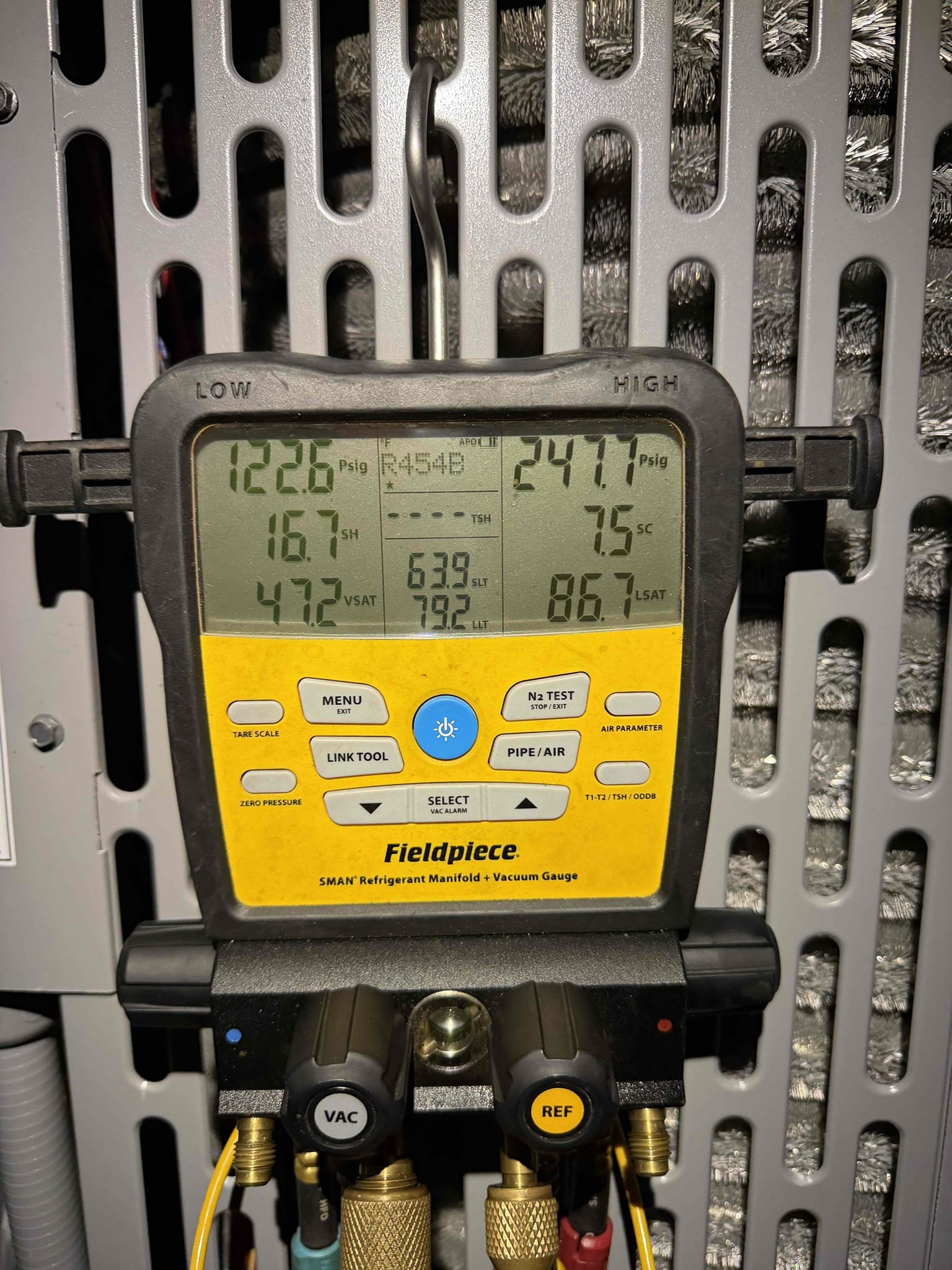 Client states that they just had an inspection and system was running. Old owners left and took a sensor that the thermostat was connected to for ecobee. Disconnected this sensor from the thermostat to remove error code. Found condenser not getting high voltage. Service disconnect is too loose and not passing power to condenser. Replacement of the disconnect is required. Found no low voltage at the condenser. Found faulty A2L sensor. Bypassed sensor as a temporary solution but will need to return to replace sensor. Quote will be sent for replacement. System is cooling at this time with a 19° temp split and good pressures. 
