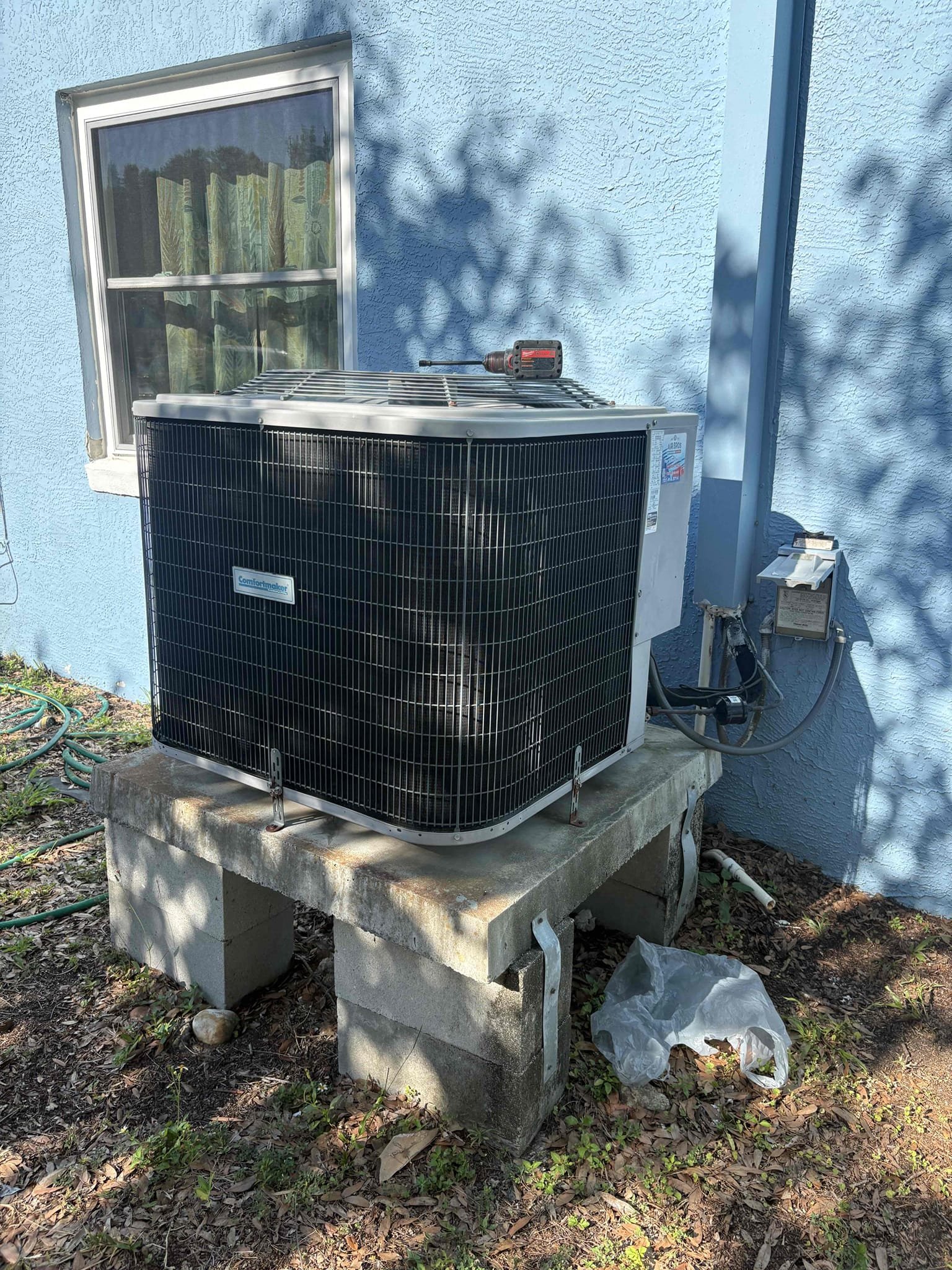 Replaced failed outdoor capacitor

Cleared drain line and replaced outdoor trap 

Unit is operating within manufacture specifications 

*Blower motor intermittently failing 