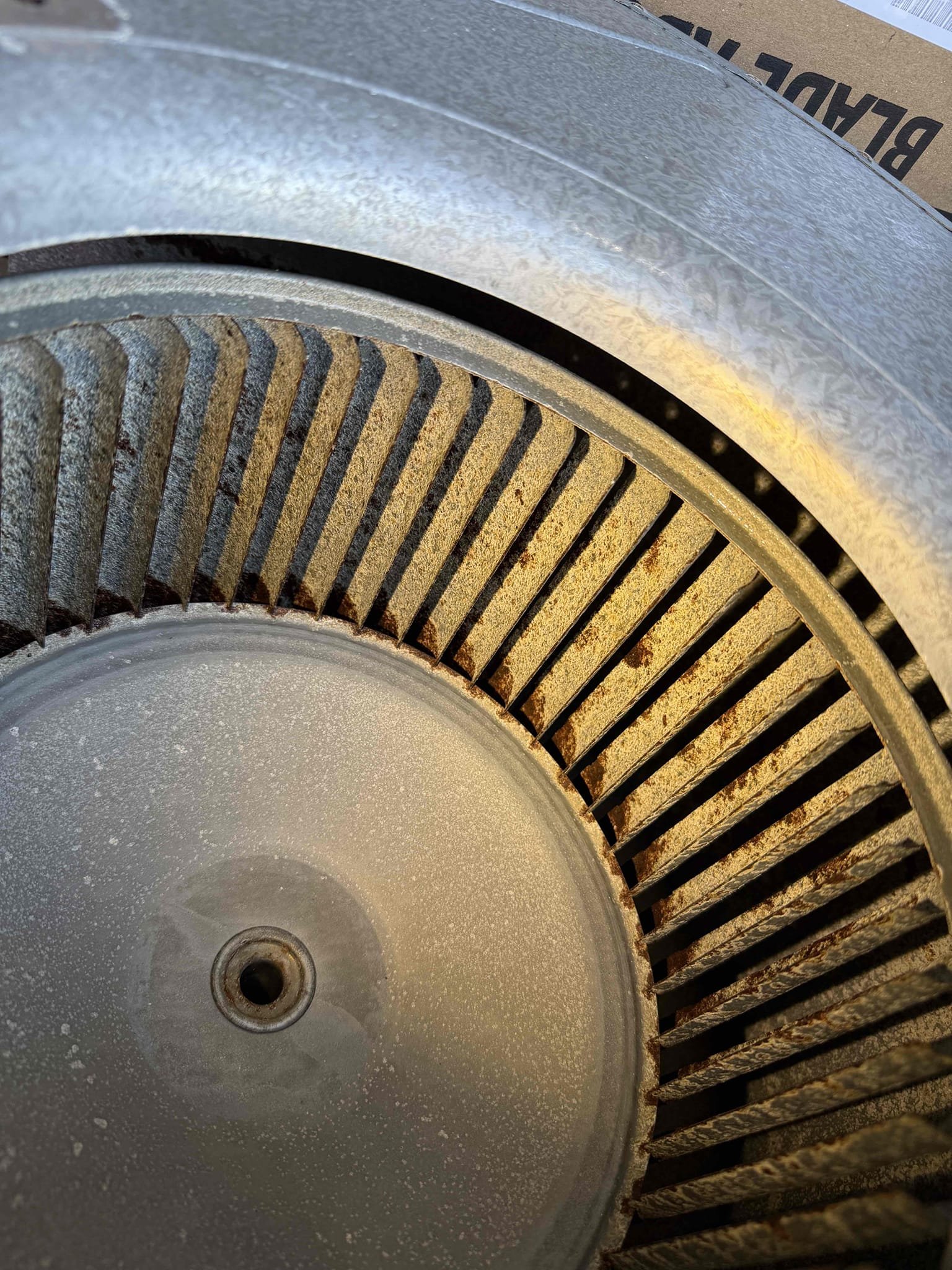 Scope of work:
- Remove blower housing assembly. 
- Disconnect fan motor from housing
- Clean and sanitize blower assembly. 
- Re install and test

Recommending UV system to prevent this from happening again 