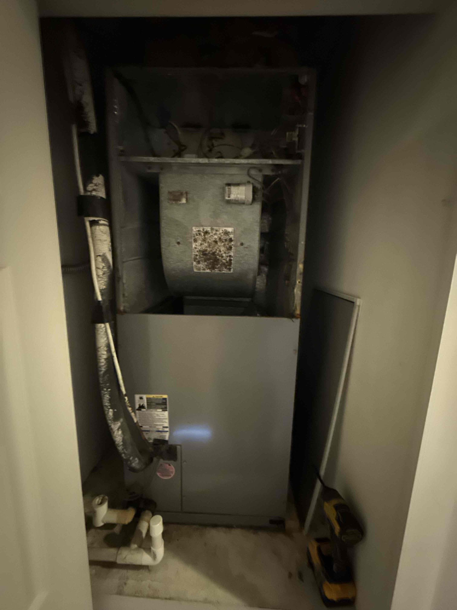 On arrival found unit not cooling due to bad blower board. Board not allowing proper power through to motor. By-passed board to give temporary cooling. Evap coil and blower are heavily corroded and impacted. Outdoor fan motor is over amping which can lead to failure soon. Unit is 12 years old. Made client aware of all issues with unit. Will return to repair board. 