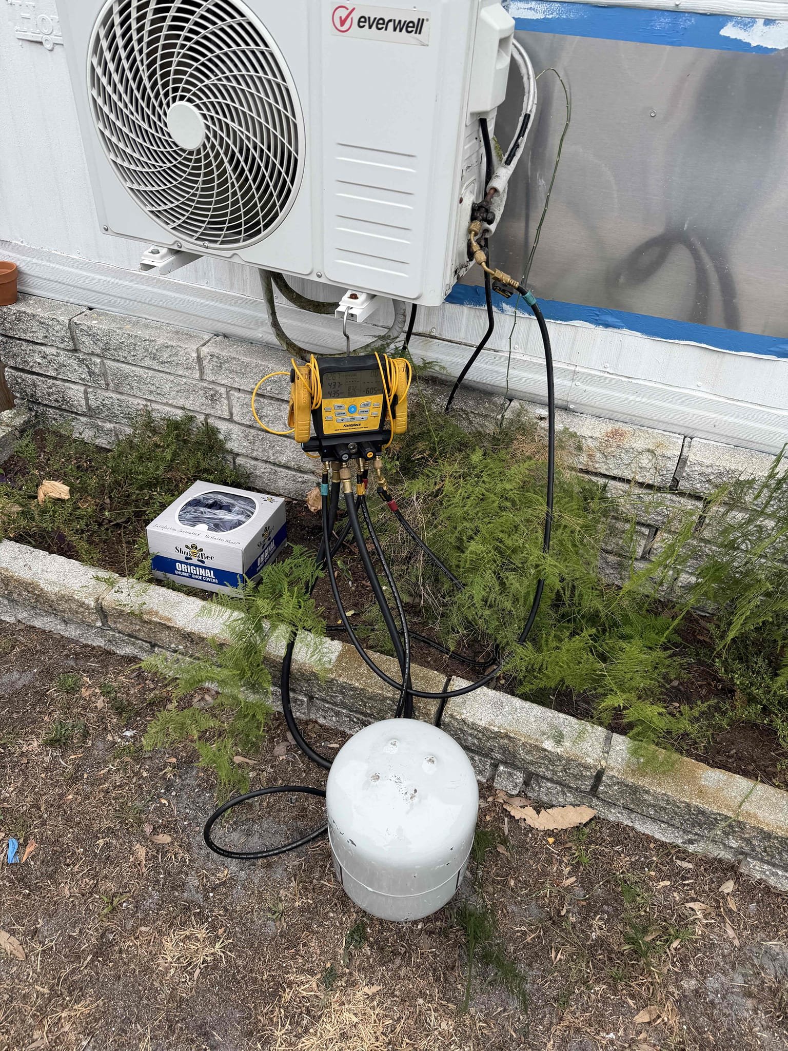 Client states many split system is not cooling properly and has been on a steady decline for the past couple weeks. Upon my inspection found system is low on refrigerant. Charged system with refrigerant as a temporary solution and client is looking to replace the system and add a couple more systems in the back of the home. We were able to get the system cooling with a good 20° temperature split. Wall system was running. I noticed water was dripping from the head unit. Performed a complementary drain cleaning on the system. Water is not dripping at this time. Verbally provided a quote of $4000 for a new single head single condenser mini split. Client would like to hold off and have us come out to quote additional systems after he is finished remodeling the home.
Explained that adding refrigerant today is a one time only and temporary solution. We will not be able to add refrigerant again in the future.
