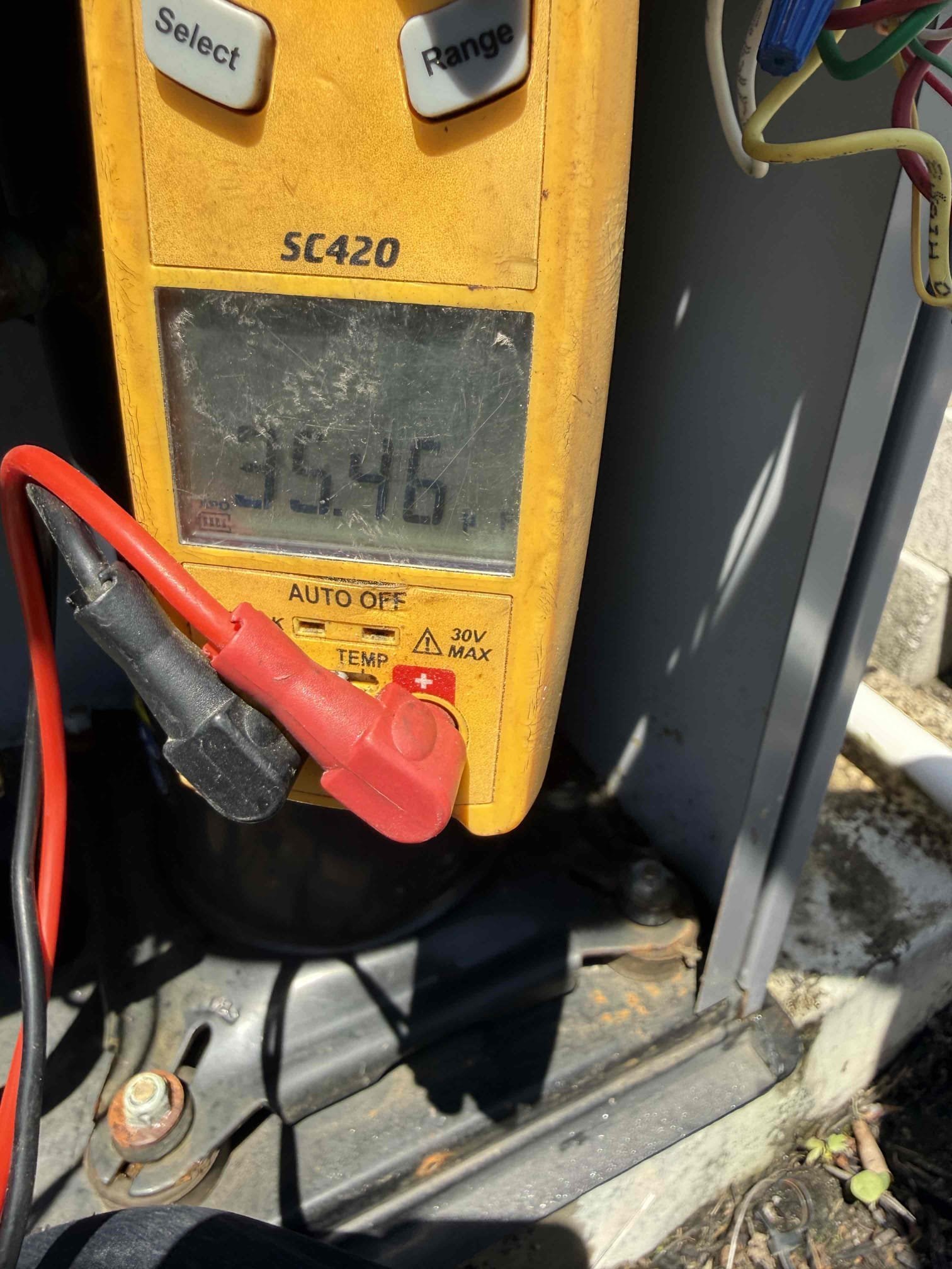 Performed maintenance on one system. Cleared pan and drain. Added chemical to help prevent growth. Pressures good. Temp split good. Rinsed outdoor coils. Indoor blower and coil clean. Found weak capacitor on system and high voltage whip from disconnect has no seal tight to protect from elements. Recommend to replace capacitor and add seal tight. Unit cooling at this time. 