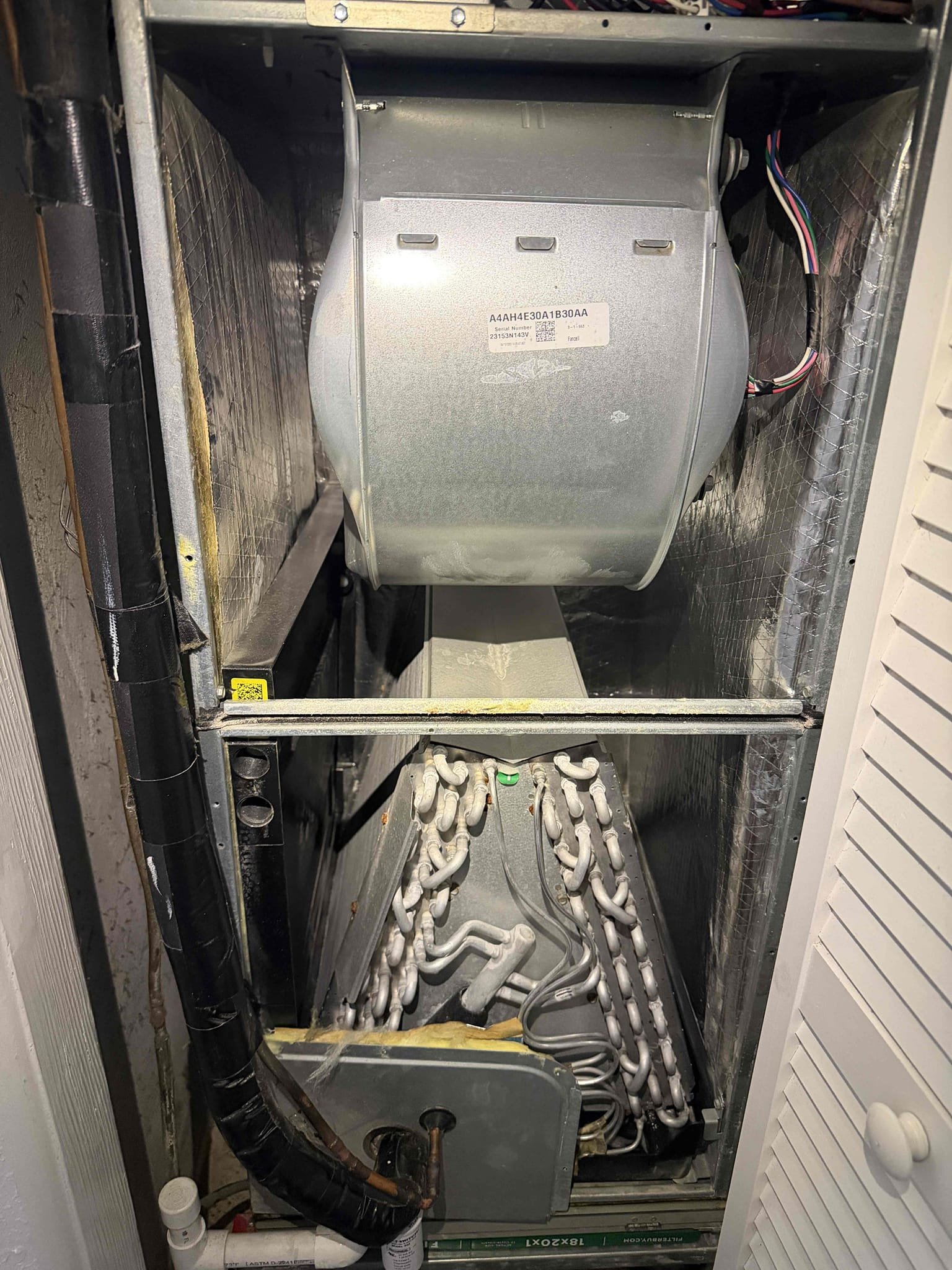 Mix match system. 
Performed tune up on system. System has a 14-15° temperature split and is not cooling efficiently. Capacitor is very weak and contactar is pitted and making bad connections. Condenser coils were very impacted with debris. Evaporator coils are clean enough and there are very minimal if any signs of growth inside the air handler. Tested system pressures a found system is low on refrigerant and evaporator coils are at risk of freezing up. Advised client that we can add refrigerant now but if pressures are low again in the future we will have to do a leak search and repair. Condenser fan motor is over amping. Compressor has good amps. Cleaned and treated condensate pump, drain line, and primary drain pan. 

Performed duct inspection. Client has concerns that main bedroom and laundry room do not get enough are flow. Explained that the bedrooms don’t have adequate return vents for proper air circulation. It appears that the master bedroom and laundry room are an add on to 