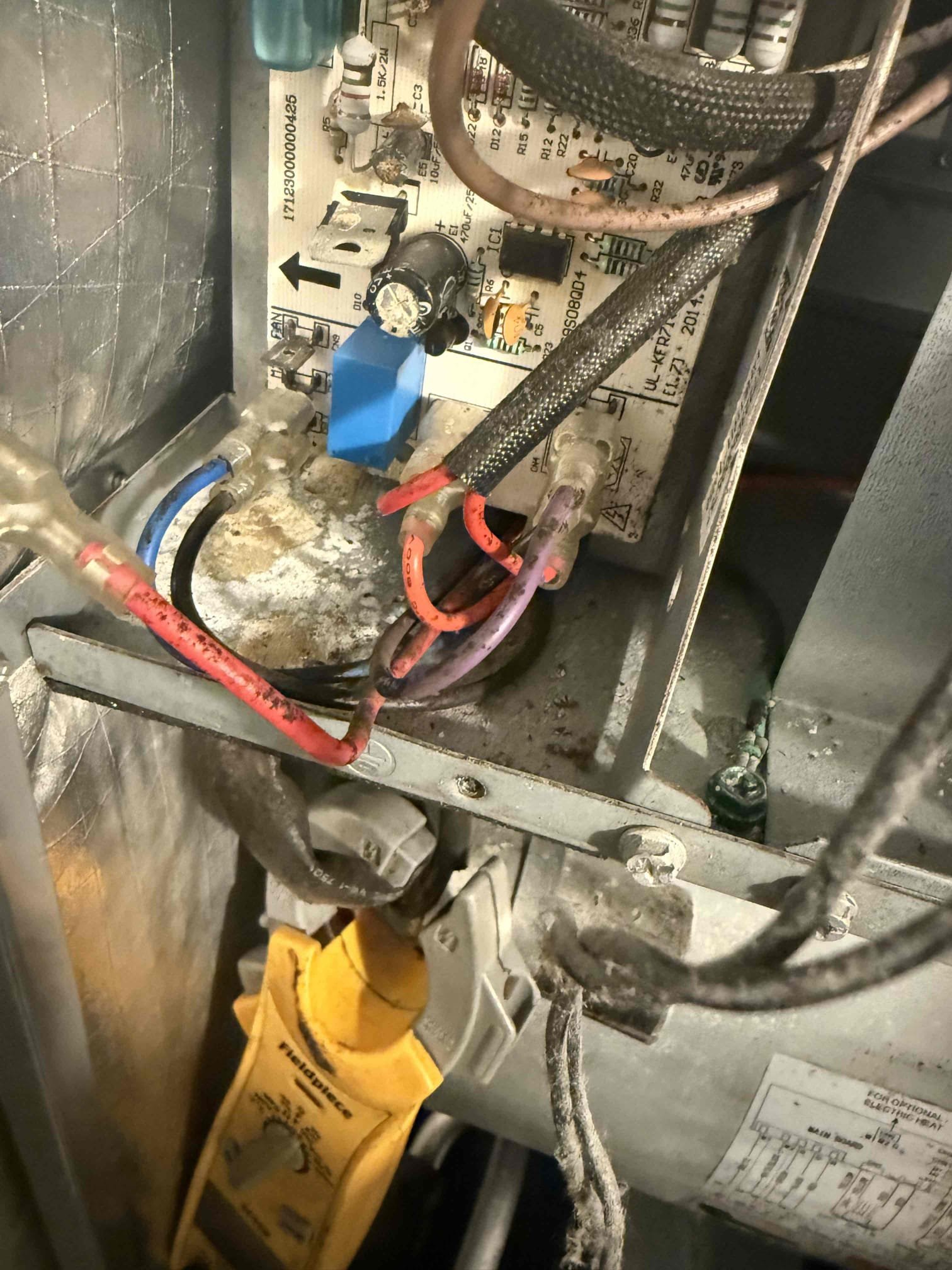 On arrival found unit not cooling due to bad blower board. Bypassed board to test motor. Motor operates properly. Will submit estimate for board replacement. Unit also has impacted evaporator coil. Unit has 20* split. 