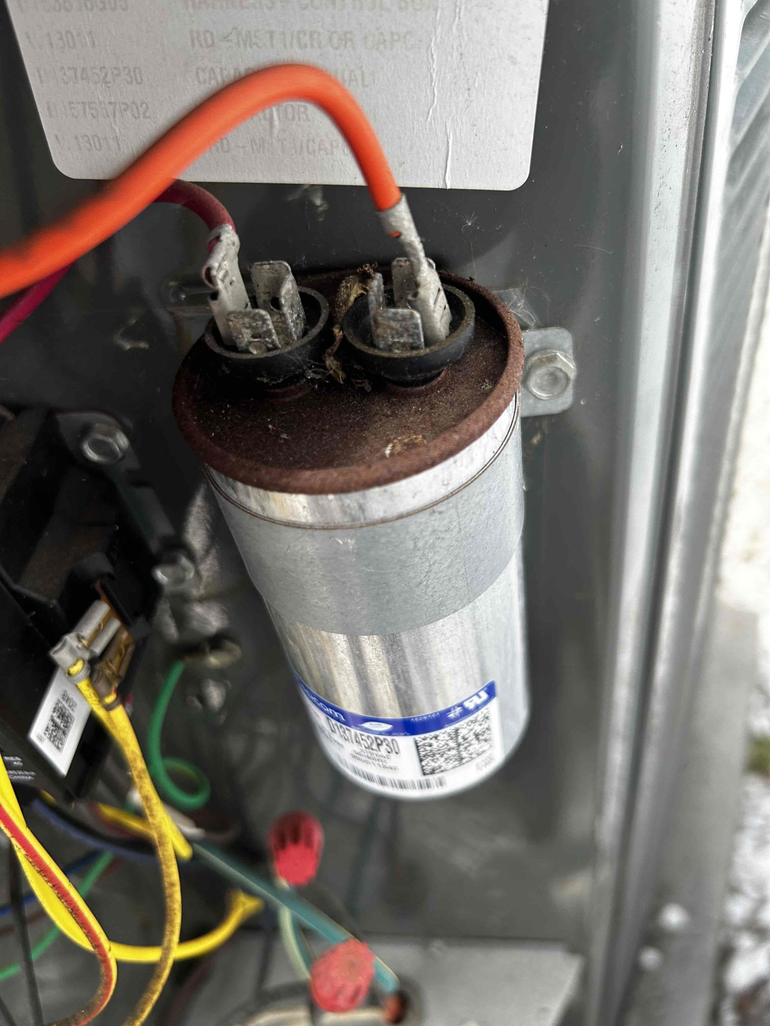 Upon arrival, I checked the temperature difference between the supply and return air and found a 16° split. I then checked refrigerant pressures and found the subcooling to be at 2°. Moving on to the electrical inspection, all components were functioning properly with no signs of over-amperage; however, the capacitor was testing below manufacturer specifications and showed signs of rust and deterioration.

I proceeded with a drain line treatment, condenser cleaning, and air handler inspection. After discussing my findings and concerns with the homeowner, we moved forward with replacing the capacitor, which includes a 5-year warranty. I also added refrigerant at this time to help improve system performance. After adjustment, the temperature split increased to 19° and the subcooling increased to 7°.

We will continue monitoring the system, and during the next maintenance visit we will compare readings to help determine whether the system may have a refrigerant leak.

If you have any ques