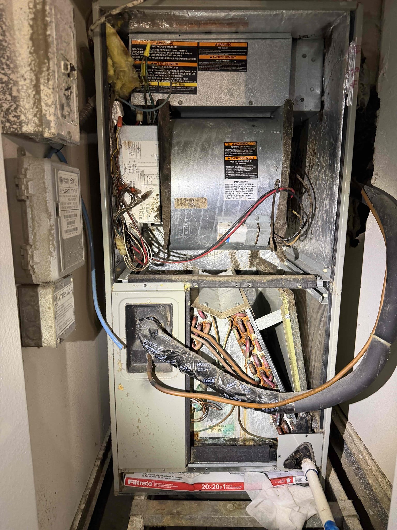 Client states unit is leaking water. Upon my inspection found drain line severely clogged and no safety flow switch install installed. Performed a drain cleaning and treatment, rerouted drain line for better filter access, and added a safety float switch. Client signed up for maintenance plan, but I was not able to complete the full maintenance today because the condenser is on the roof and I do not have a code. We have to coordinate with the maintenance guy. To come back next week. System is cooling with a 16° temperature split at this time. Let Client know that this is not an efficient temperature split. Further investigate during the remainder of the maintenance next week.