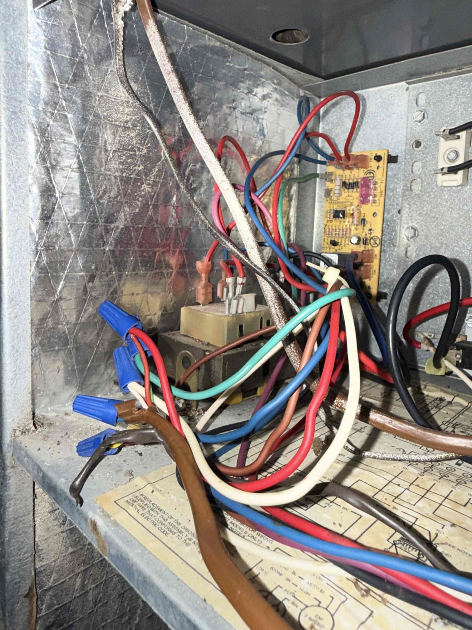Reason for call:
No cool 

Equipment:
2009 2 ton Icp straight cool 
Vertical in closet 
Condenser out back 

Summary:
Completed diagnostic to find short on green and yellow wire on thermostat wire form air handler to thermostat. This wire will have to be replaced for operation to be restored to the equipment. The contact has also failed today. 
Unit is in very poor condition. Blower wheel is dirty unit is heavily corroded. 
All wires disconnected at stat and reading 24v means no prob with red wire
Disconnect green at ahu and give 24v to green at stat and fuse blows. Theres nothing between green at stat and air handler. shorted in the wire 

Solution:
Left estimate for repair with new wire and new contactor 
Left estimate for system replacement with wire 