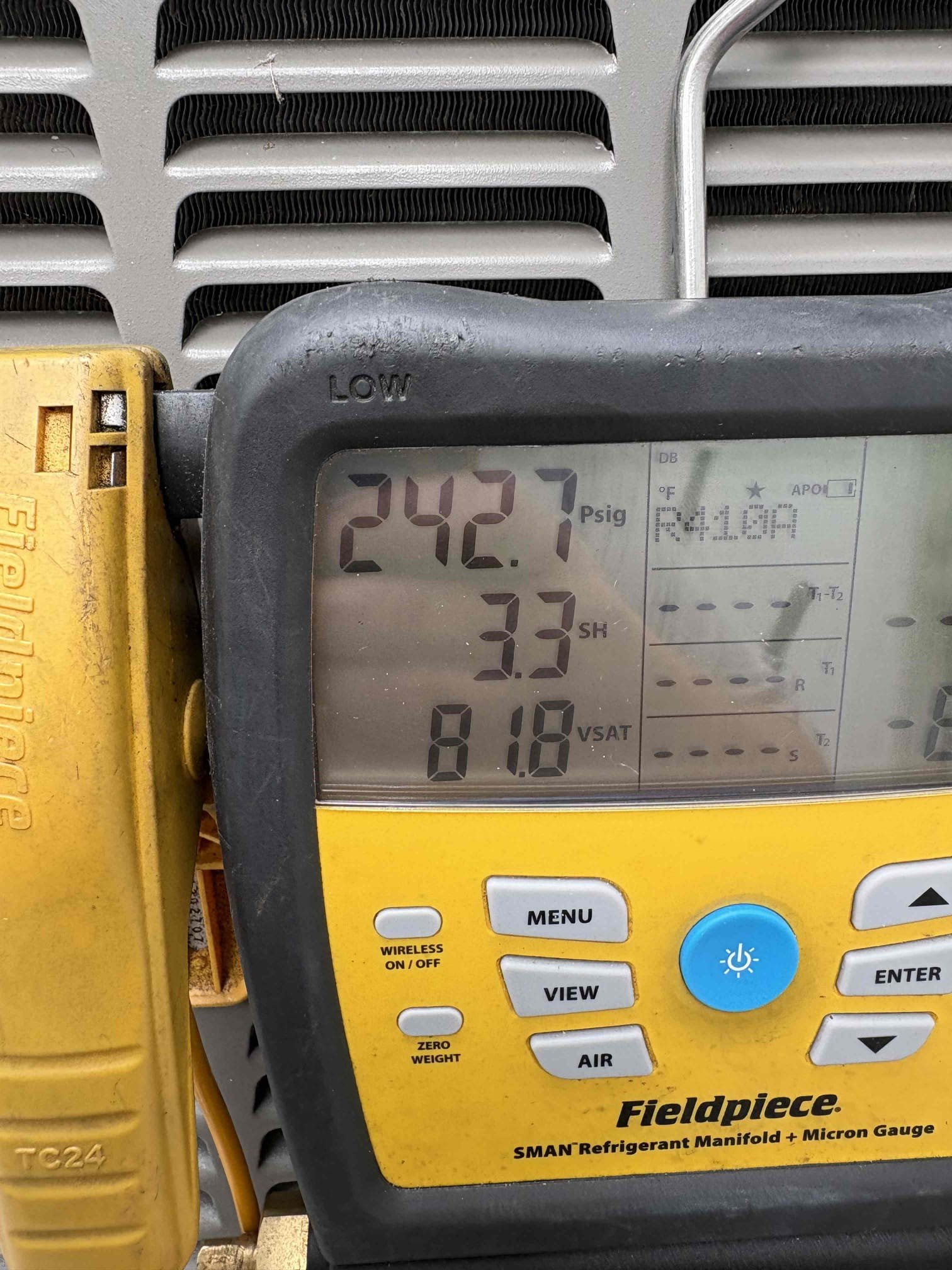 Home owner states unit is running but not cooling. Found compressor on hard lockout. Water in float safety. Drain line was cleared. Unit most likely short cycled. Compressor could potentially have internal damage. If happens again would recommend replacing compressor. 

Unit is currently operating within manufacture specifications. Checked starting components, pressures, and amp draws. 