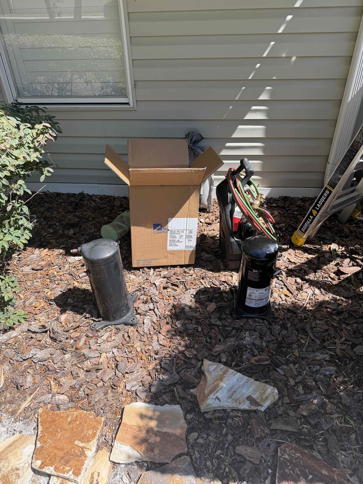 Scope of work:
- Replace noisy/failing compressor from condenser #1
- New refrigerant (discounted)
- remove hard start kit

System is now cooling properly and condenser is much less noisy. Client is very happy. 
