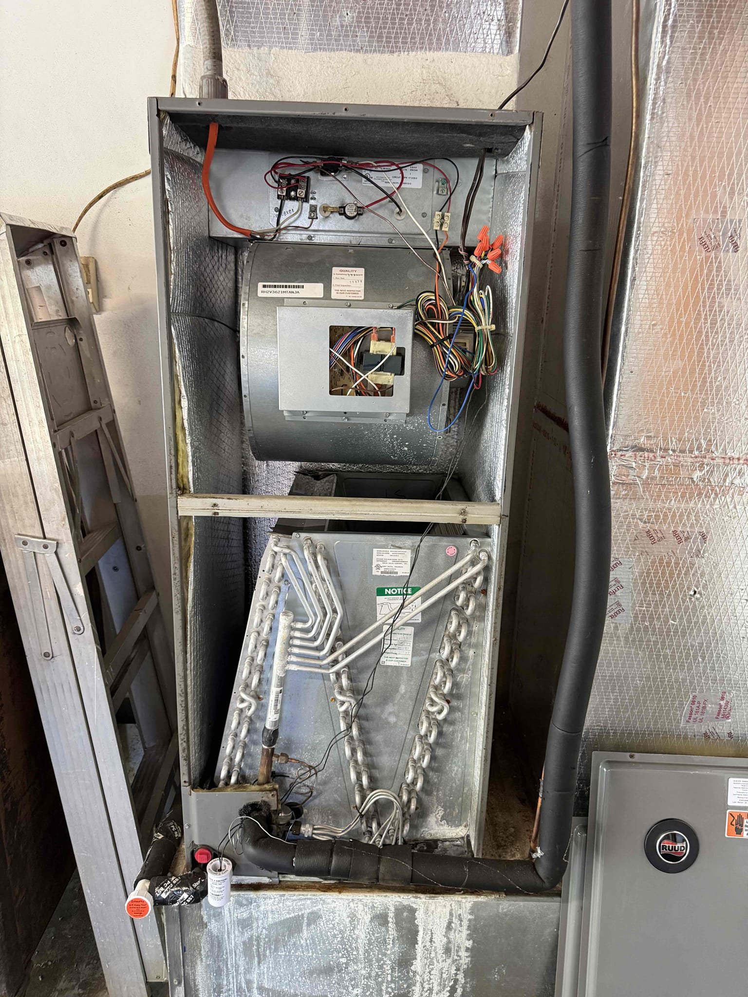 Reason for call:
Tune up 

Equipment:
2019 ruud 3 ton 
Vertical in garage 
Condenser on right side of home 

Summary:
Confirmed operation of equipment is within manufacturing specifications. Flushed indoor and outdoor coil. Outdoor coil is building up drier lent on coil. Removed most of debris with minor cleaning. Flush drain pan and drain line. Filters have been maintained properly. Confirmed pressures and temps. 
