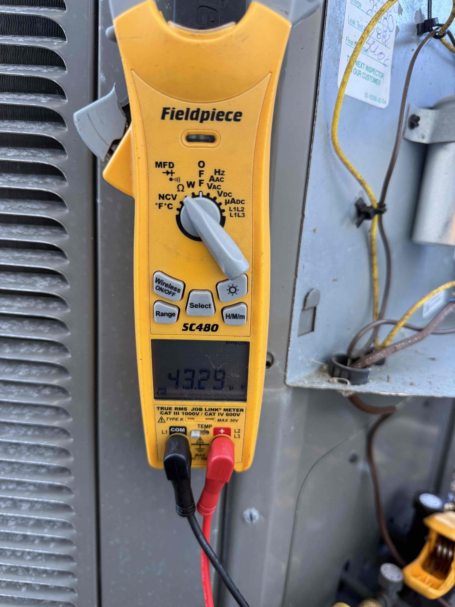 Reason for call:
79 tuneup

Equipment:
2021 ruud 3 ton 
Vertical in closet 
 Condenser on right side of building 

Summary:
Completed tune up to find equipment slightly low on charge. Changed filter flushed indoor and outdoor coils, flushed drain line and drain pan. Found capacitor just outside of range. System has parts warranty.

Solution:
Recommended replacement of dual capacitor, top off of charge, and a leak search to identify leak. 
The leak search may lead to further repairs system as parts warranty