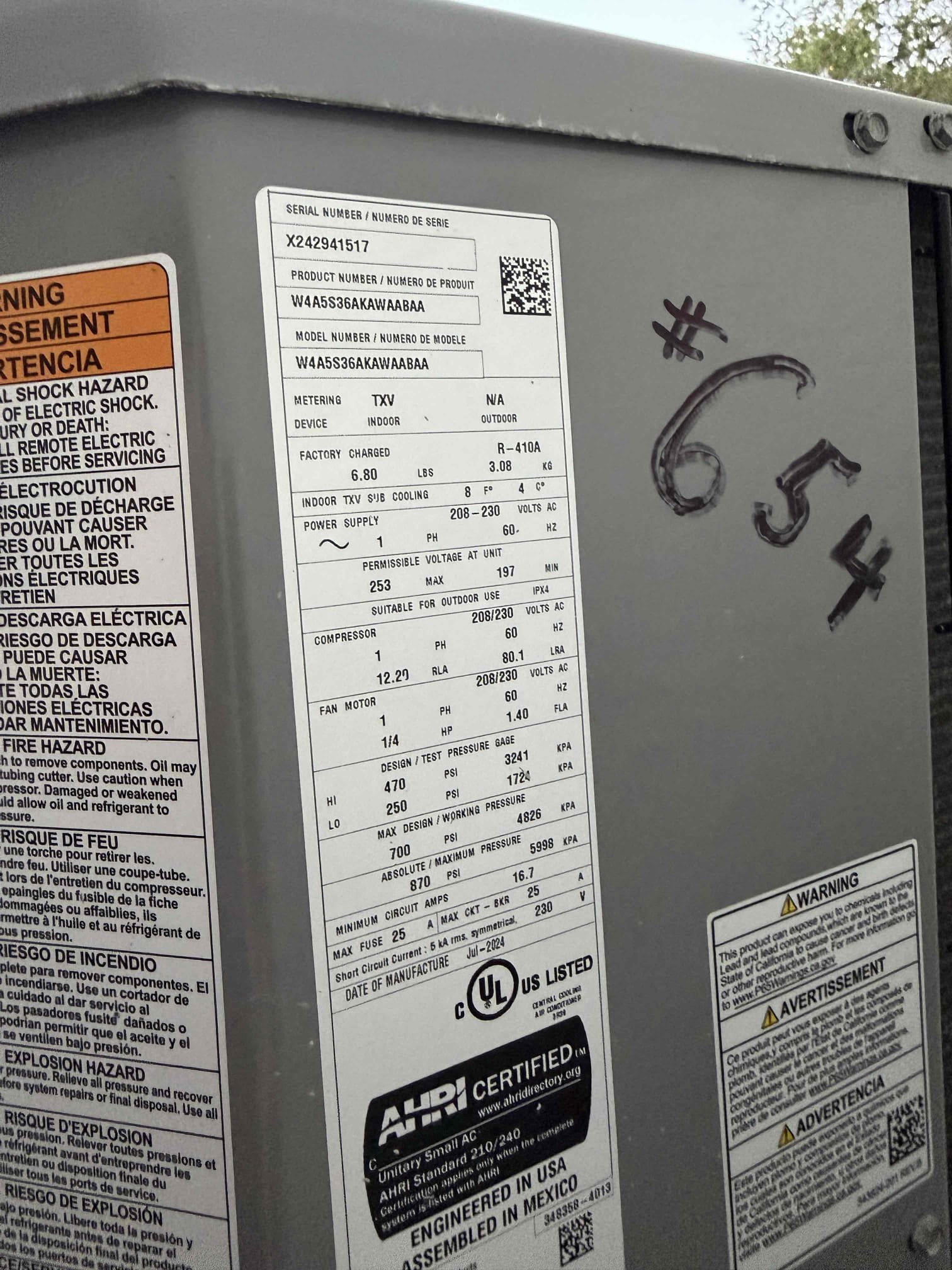 Tenant states system does not cool well during the day, Thermostat is hard to function, and filter does not stay in. 
Upon my inspection, found system is cooling with only a 12° temperature split. Evaporator coils are very dirty. The filter access is not easy to use. Checked pressures and found that the system has a restriction on the TXV. Client is aware that evaporator coil is at risk of freezing due to low saturation temperature. 
Air handler is a 2003 and condenser is a 2024. It is likely that the condenser was only replaced because of the hurricane damage. Systems are not matching. 

Will provide quote for TXV replacement if it is available. 
Providing quote and highly recommending full system replacement 