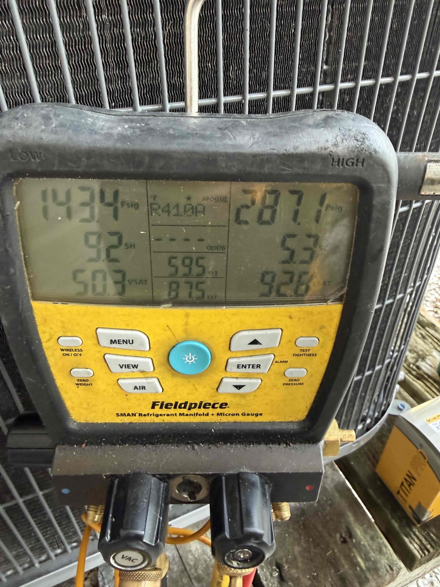 On arrival found unit not cooling h due to weak capacitor. Client opted to replace both contactor and capacitor. Start and test. Pressures good. Temp split good. Coil and blower clean. Complimentary cleared drain and added chemical to pan. Unit is cooling properly at this time. 