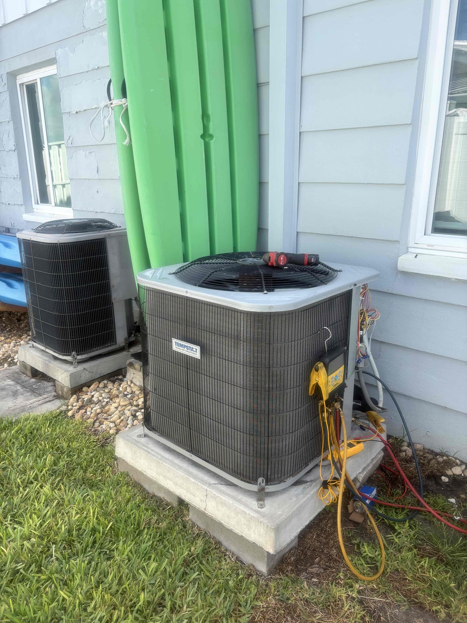 Upon arrival home owner states outdoor unit is not running. Home owner replaced capacitor (verified wiring and strapped up for home owner).

Air handler secondary pan full of water and extra catch pan. This causing system to intermittently run. Explained attic is very humid and unit is condensing on bottom. Found drain line had no trap and air handler primary pan holding water. 

Cleared drain pans and catch pan. Cleared drain line and added pan tabs. Added trap and primed on exterior. Verified system operations. 

Unit is currently operating within manufacture specification. Verified indoor and outdoor coil conditions. Verified blower motor running and filter condition. 

If issue happens again explained to home owner we would need to do a roof cut in attic fan to bring down humidity/attic temp. No gable vents on home. 

Went over options and membership program. 