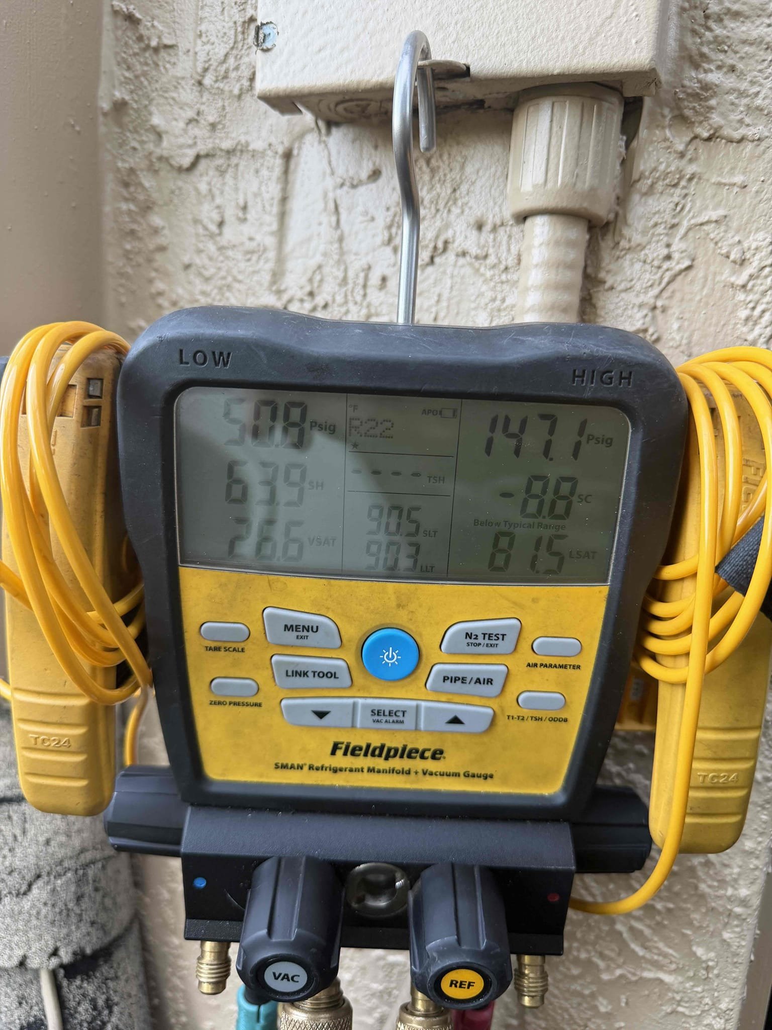 Client states system is not cooling well but everything is on. Upon my inspection, found system on and cooling with a 6° temperature split. Checked pressures and found system low on R 22 Freon. System cannot be repaired. Provided a system replacement quote and sent to Client.
Offered to bring a free portable AC unit to the clients house when quote is accepted