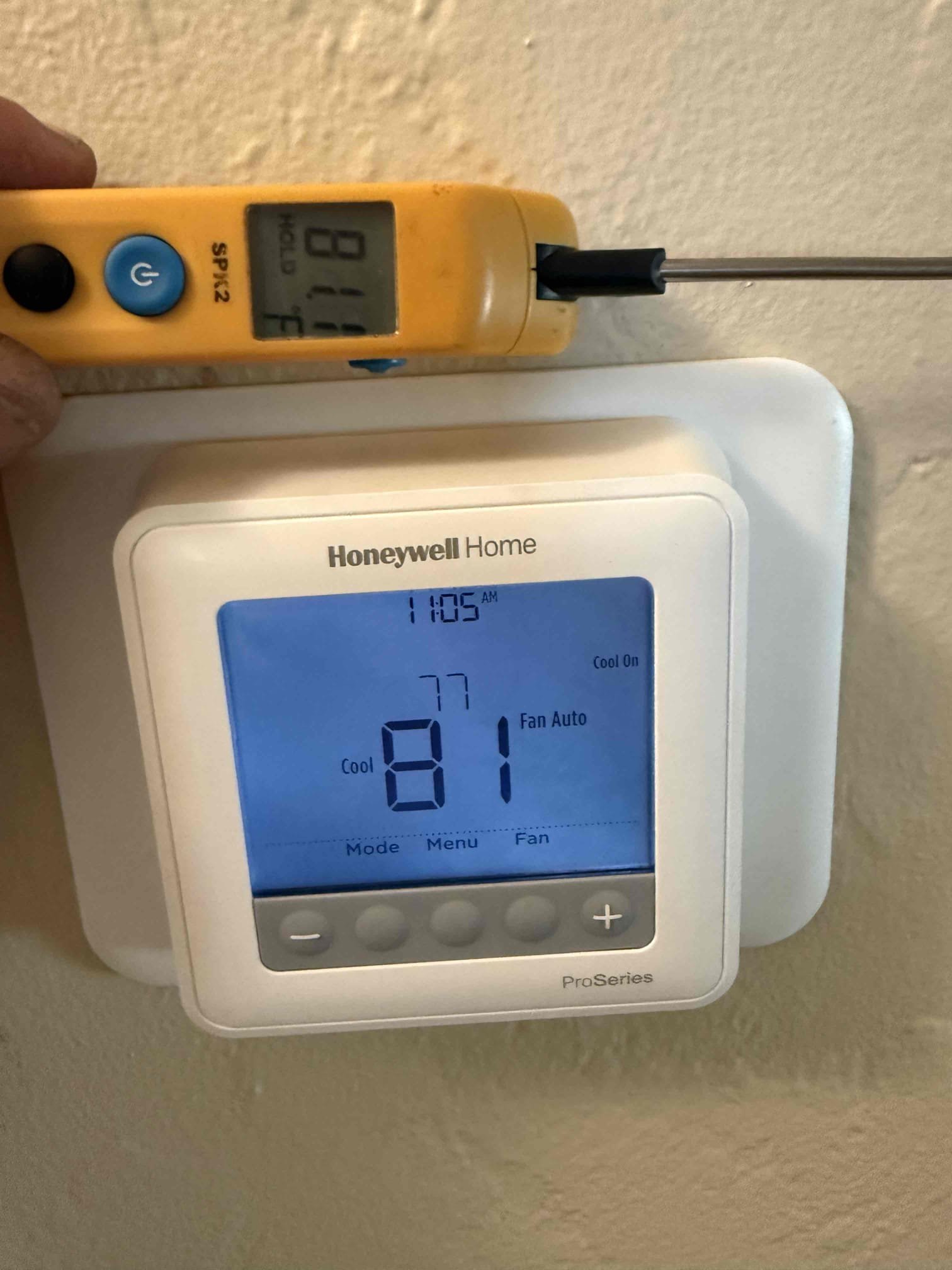 On arrival found thermostat not reading correct inside temp. Temp probe was reading about 5* cooler than thermostat. Replaced thermostat and tested. Thermostat is reading correct temp. Unit functions properly with new thermostat. Unit cooling properly at this time. 