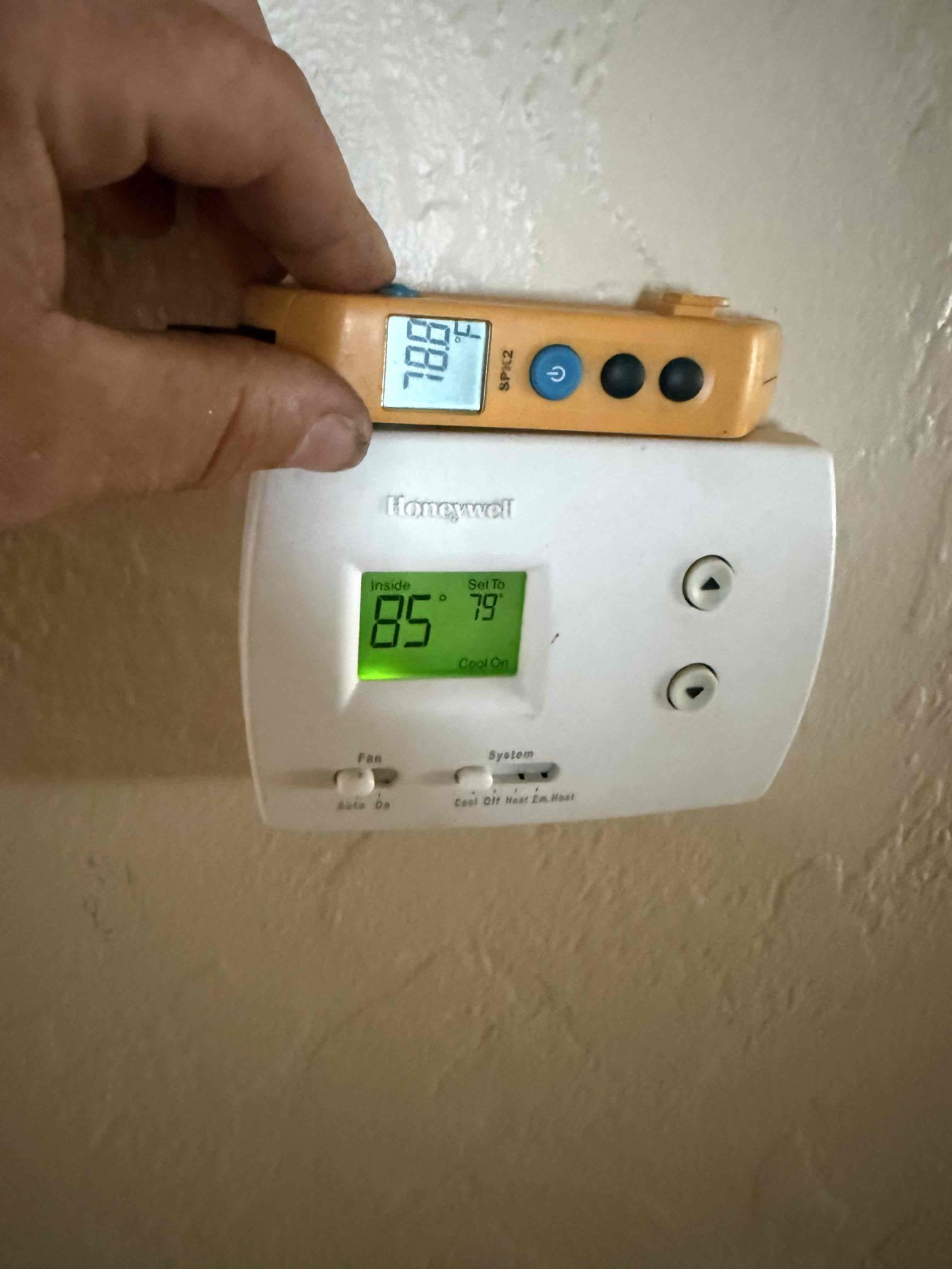 On arrival found thermostat not reading correct inside temp. Temp probe was reading about 5* cooler than thermostat. Replaced thermostat and tested. Thermostat is reading correct temp. Unit functions properly with new thermostat. Unit cooling properly at this time. 