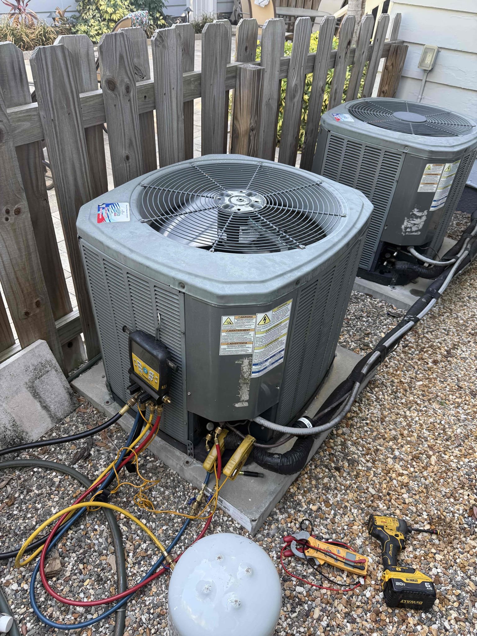 On arrival found upstairs unit not cooling due to low refrigerant in system. Filled unit back to factory specs. Temp split improved. Explained to client age of system and expected repairs. Will submit quote for system replacement.