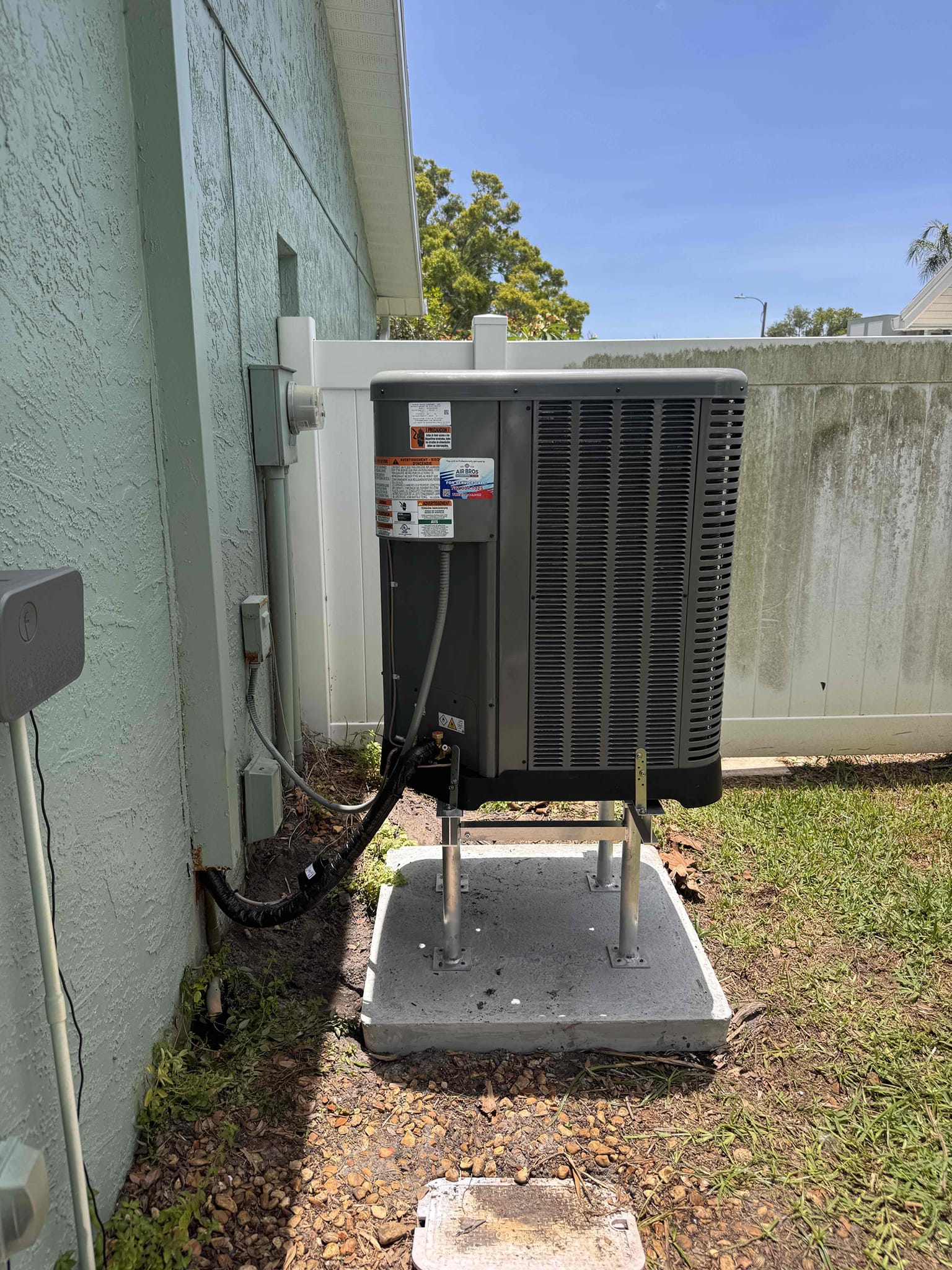 ~ 3 Ton 15 SEER Heat Pump 2 stage cooling RUUD system 
~ 10 Year parts warranty  
~ 3 year Labor warranty
- Installation of Horizontal air handler in attic
- Repair supply plenum hole
- New secondary safety pan
- New safety float switches
- New insulation on copper
- Installation of Condenser unit
- New Hurricane Miami dade pad
- 18” aluminum stands
- New Hurricane straps
- New UV rated insulation on copper
- New filter line dryer
- Vacuum pump line set 
- Charge refrigerant to proper spec
- Completed to code
100% satisfaction