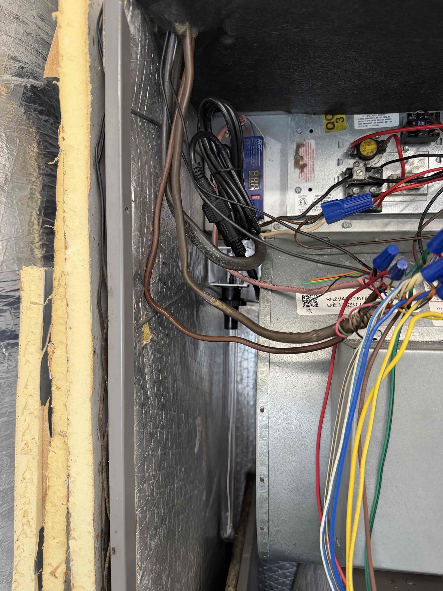 Client states system turns off and he has to turn off breakers and turn them back on for system to come back on. 
Upon my inspection, found severely clogged drain line. Performed drain cleaning and treatment. 
Inspected complete system. Found weak capacitor and recommended replacement. Client would like to hold off on capacitor for now. Evaporator coils are clean. Blower wheel is decently clean. Existing UV light is broken and air handler has bacterial growth inside. Recommended UV system. Installed Uv system and cleaned up wiring. 
Found extra insulation attempted on the outside of the air handler. It appears that the air handler is sweating and most likely is sweating from the undersized duct work. Let client know of this issue and that it may need to be resolved in the future. 

Performed first system Maitenence and cleaned condenser coils. Amp draws are good. 