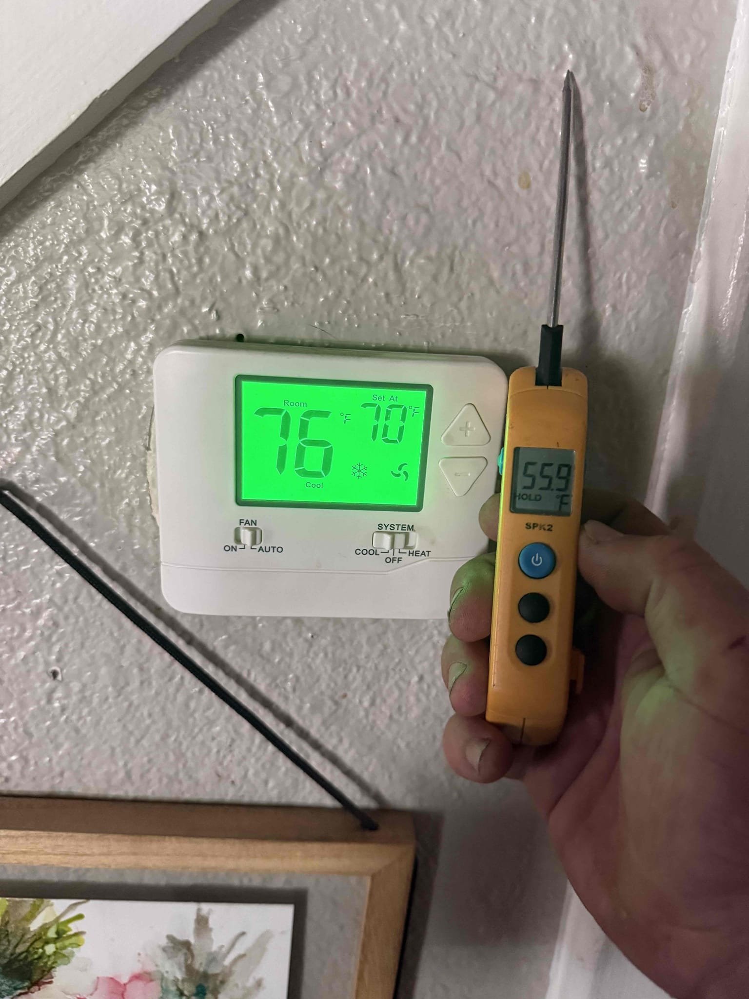 On arrival found downstairs package unit struggling to cool due to impacted condenser coil and evaporator coil. Performed chemical cleaning on entire system. Cleared drain. Start and test. Pressures good. Temp split good. Unit cooling properly at this time. 